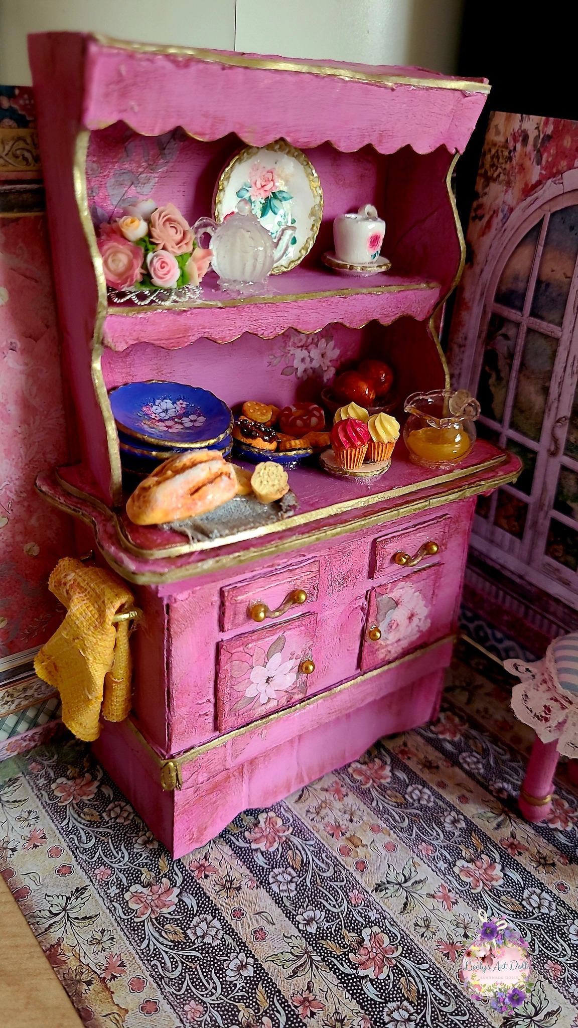 Set De 3 Meubles Miniatures 1:12 – Buffet, Peinture Murale Et Plante En Pot – Style Moderne – En Bois Bouleau – Décoration Maison De Poupée