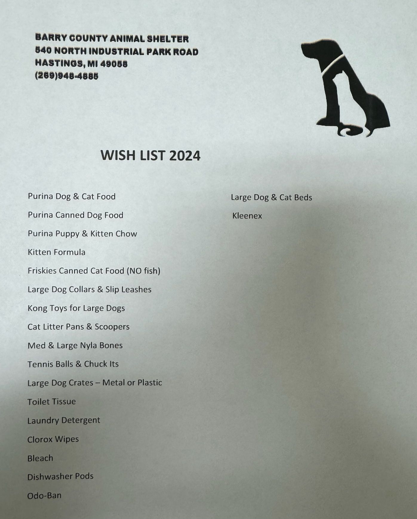 If you are interested in donating to the shelter here is a list of