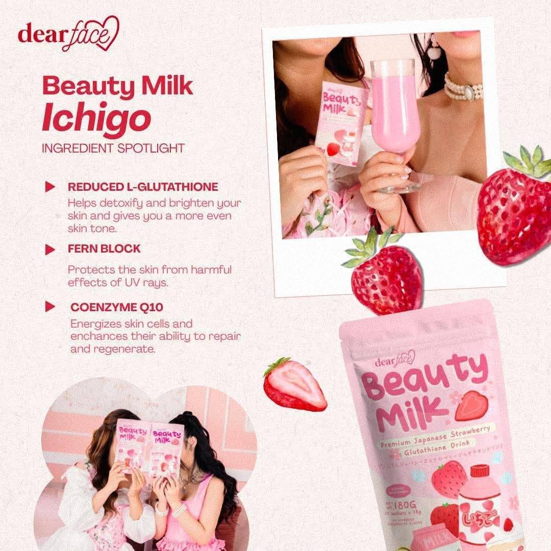 premium japanese strawberry glutathione drink New Pack! BEAUTY MILK FLAVOR! 🍓🔥🍓🔥 🍓🔥🍓🔥 / 10 sachets Strawberry lovers, where you at? Ito na! 🍓 TRENDING Dear Face Beauty Milk ICHIGO! 🥛🍓 🌸 Premium Japanese NO APPROVED THERAPEUTIC CLAIMS. Iron Dextran + Vitamin Natural Factors Flavor:Peach Mango