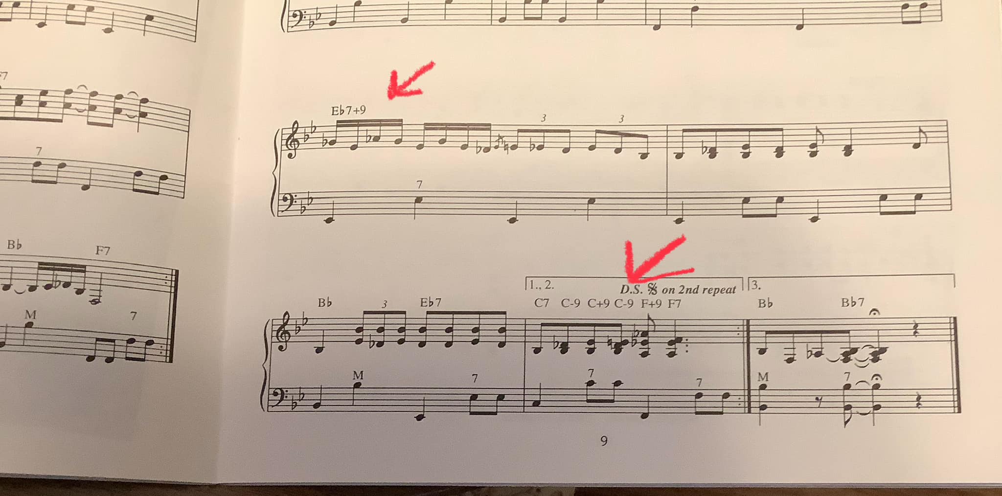 What do the numbers c-9, c 9, c-9 f 9, and f7 mean in music notation?