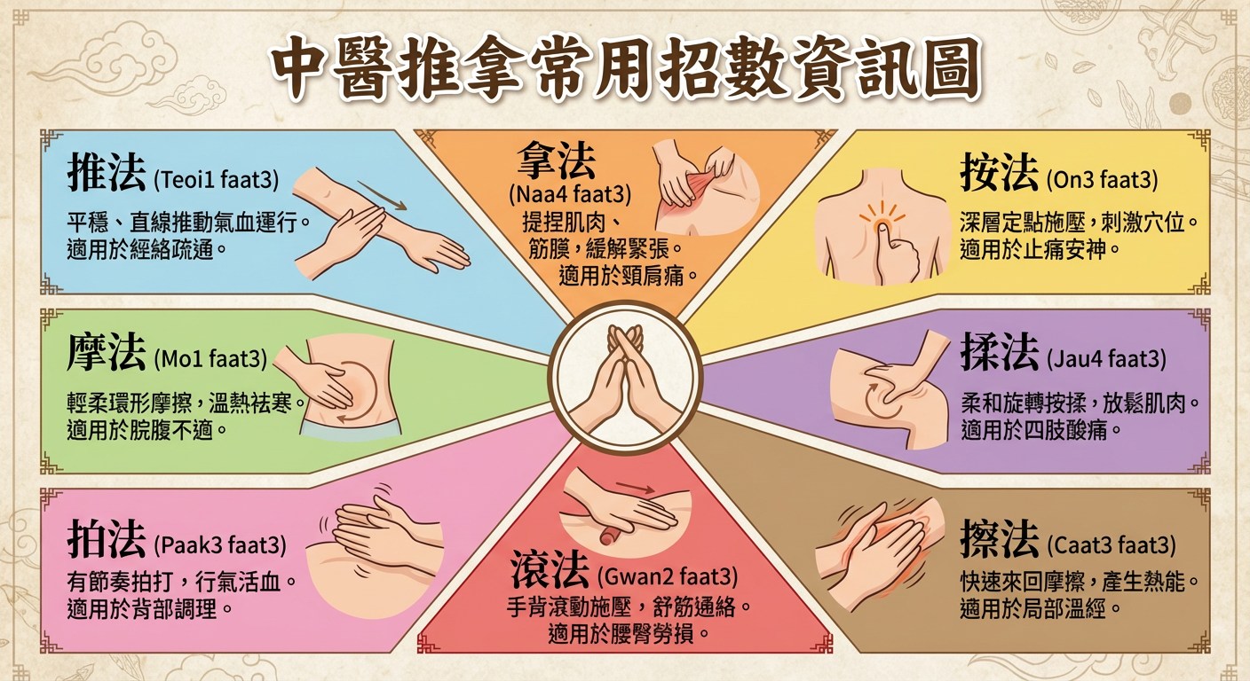 屯門醫館 - 中醫推拿常用八大手法包括推、拿、按、揉、摩、拍、滾、擦，每種手法都有唔同作用。推法沿經絡方向，有助氣血運... | Facebook