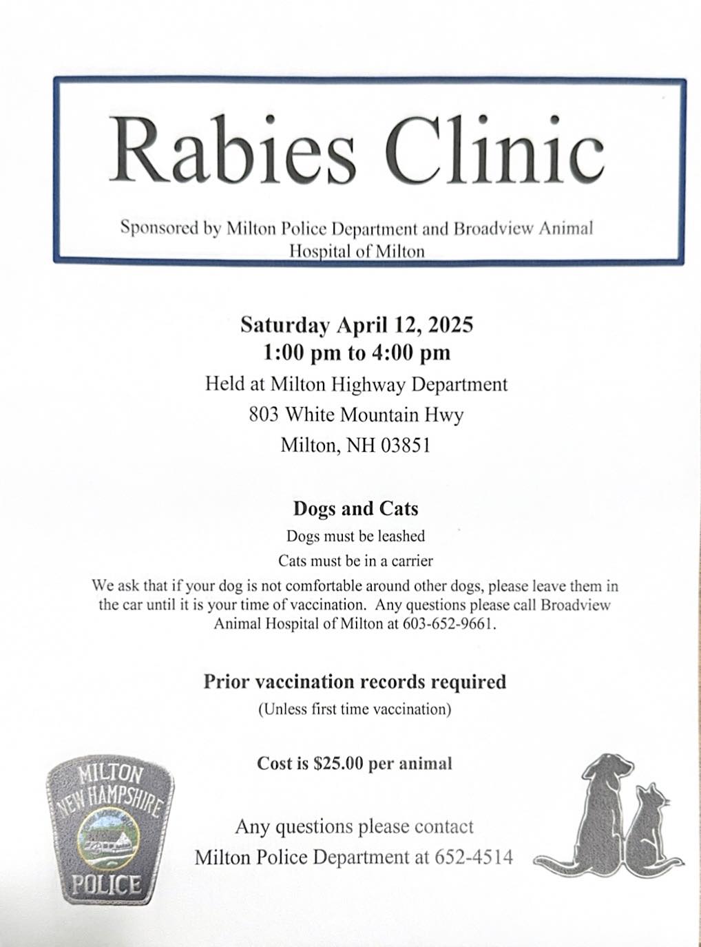 Milton Police Department - Rabies Clinic Join us on Saturday, April 12 ...