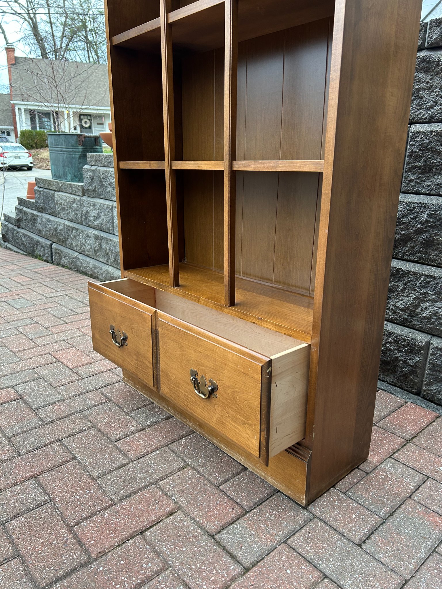 tall-vintage-bookcase-charming-design-dovetail-drawer-fixed-shelves