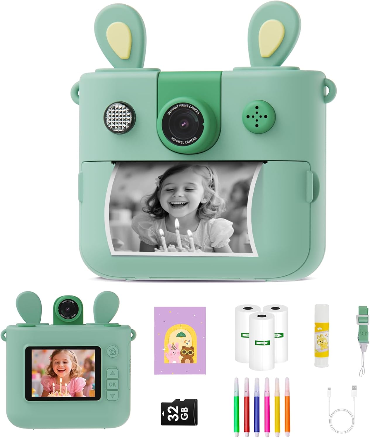 Appareil Photo Enfant 1080P Avec Zoom 360° - Écran 3.5" - Carte SD 32GB - Cadeau Garçon Fille 3-12 Ans