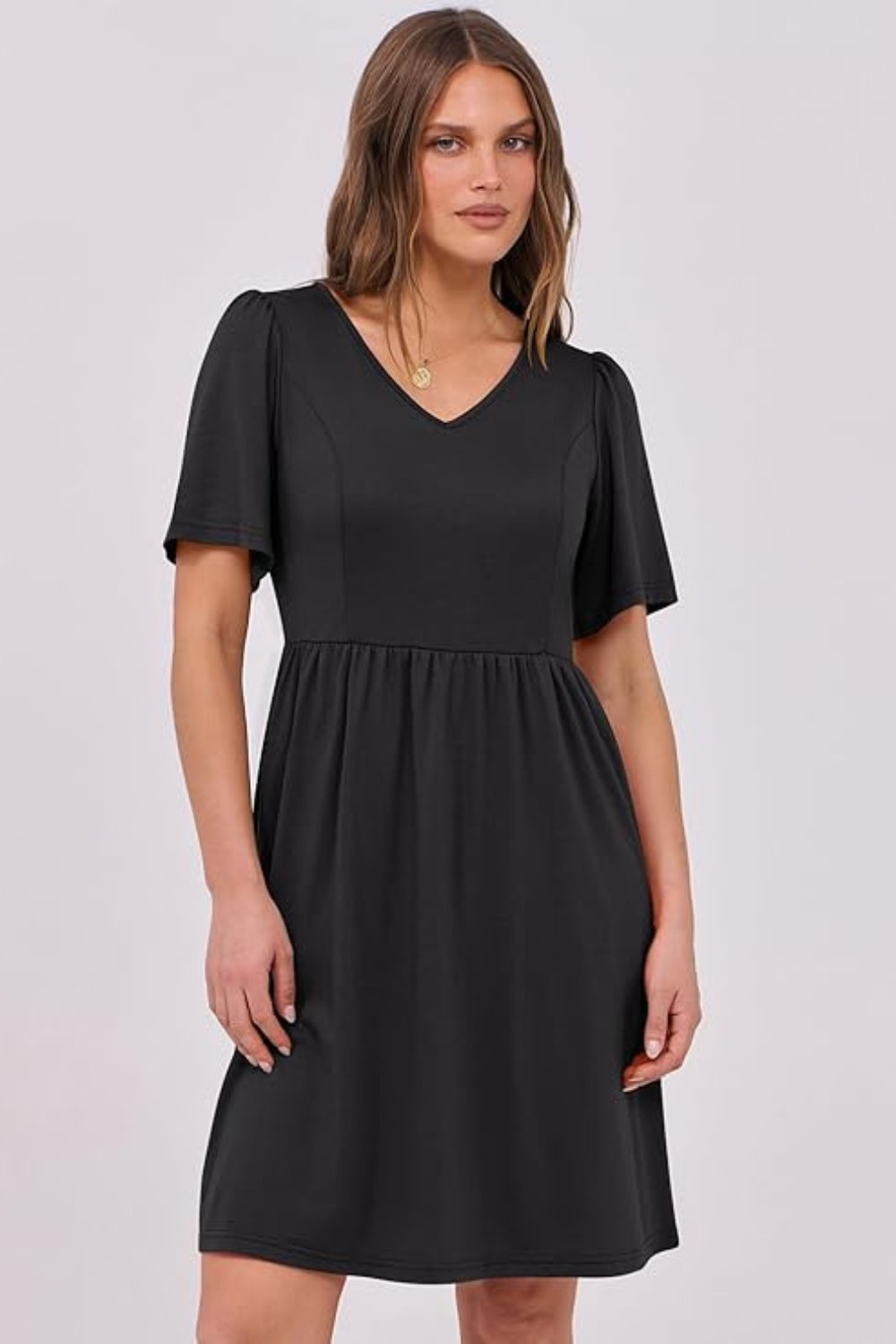 casual fitted summer dresses WNEEDU Women V Neck Flutter Sleeve with Pockets,Black,XS Petal and Pup Women's With this one dresses miamibach Size:77cm/30” (for pants size 26”)