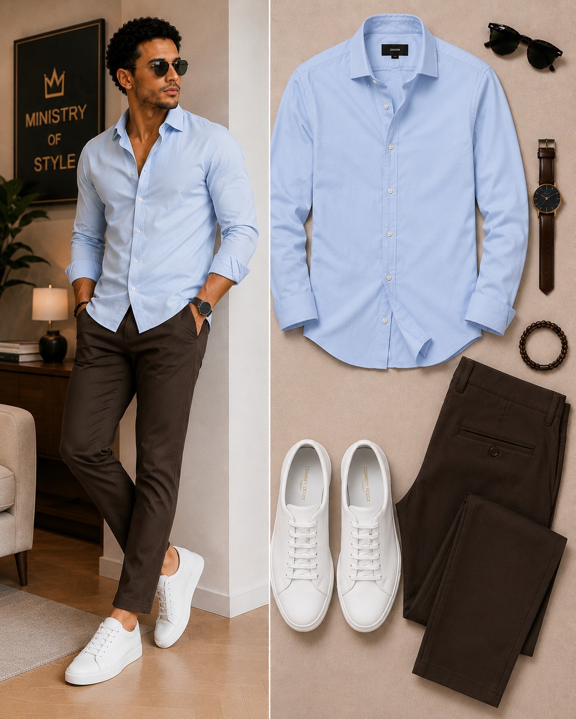 blue dress pants white shirt brown shoes An ice-blue shirt, chocolate trousers, and crisp sneakers create a fresh, versatile look that's effortlessly sharp from day to night ✨👟🔥 color:Cabernet masc club outfits content-model:ash Hargrove (66