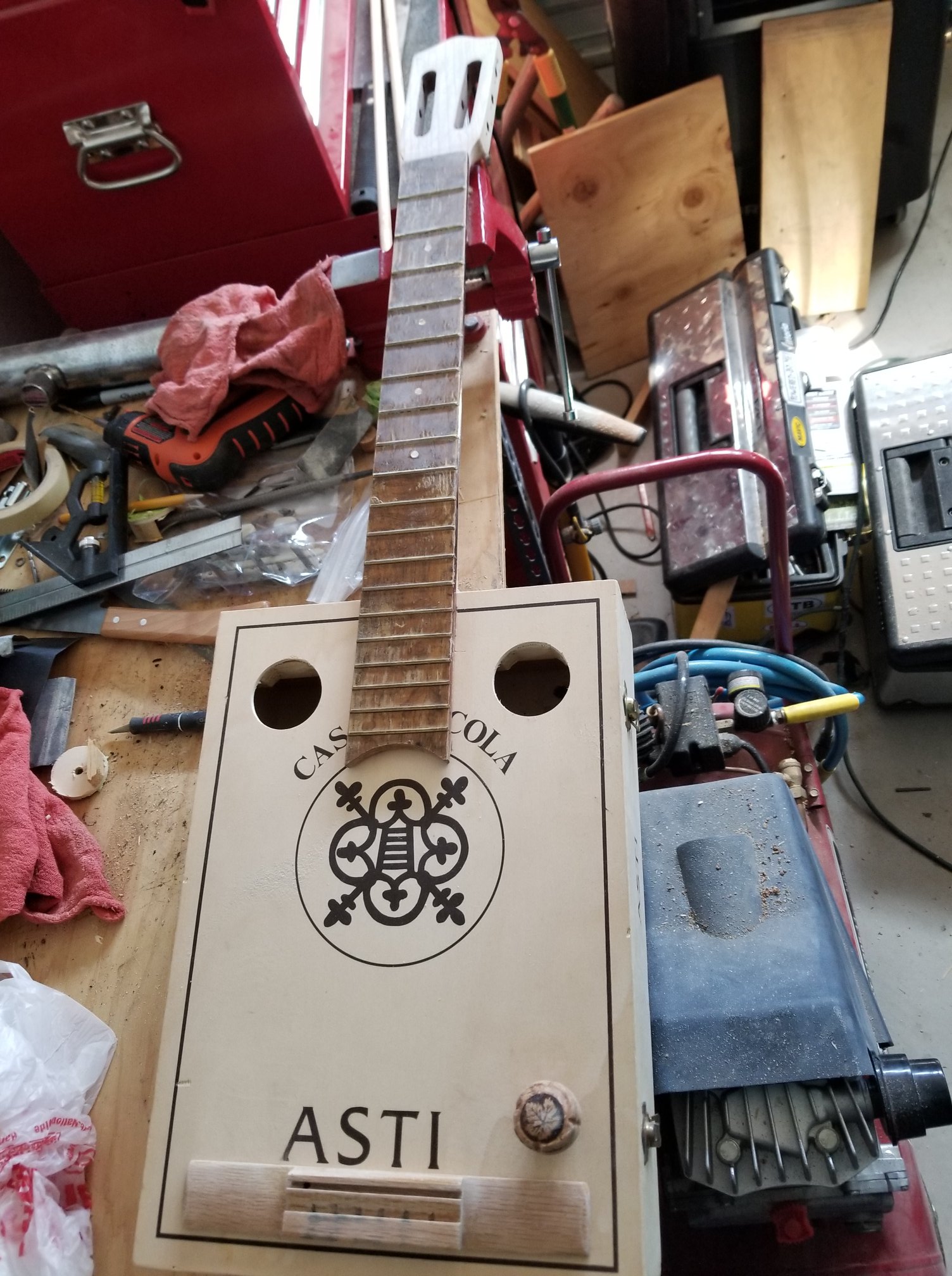 Cecil Whittaker's pizza box turned into an electric guitar