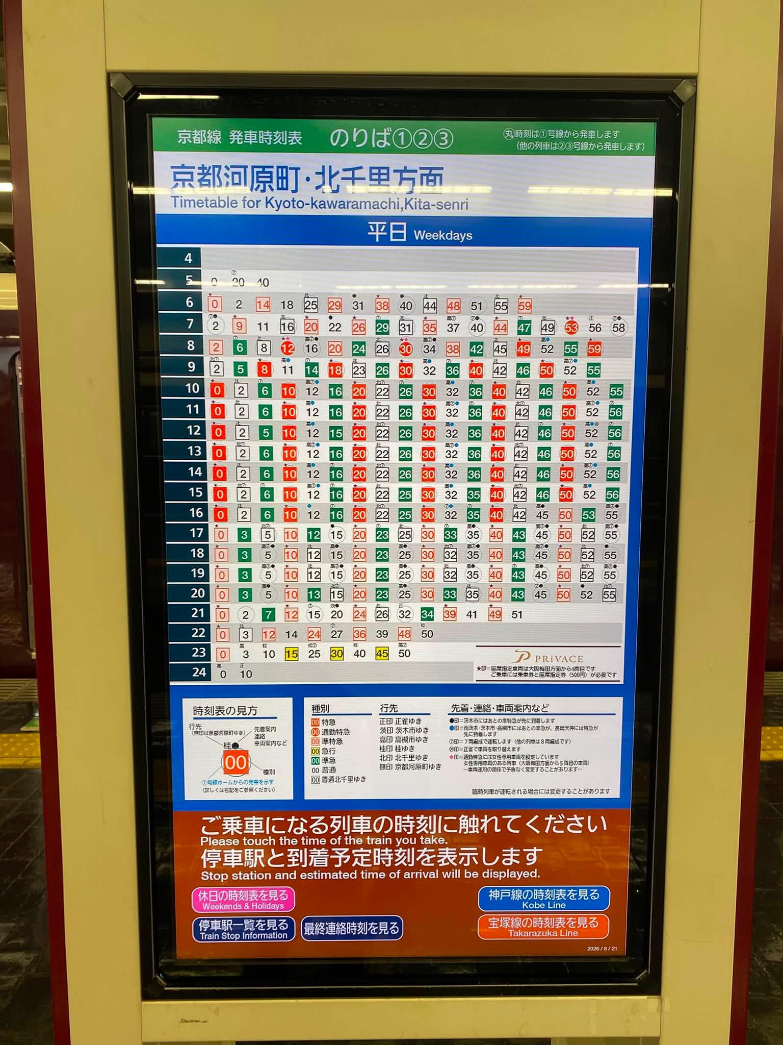 阪急電車京都線の駅にある時刻表