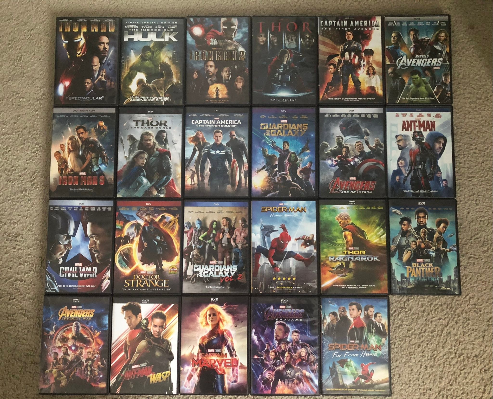 Marvel MCU DVD collection with 20 movies
