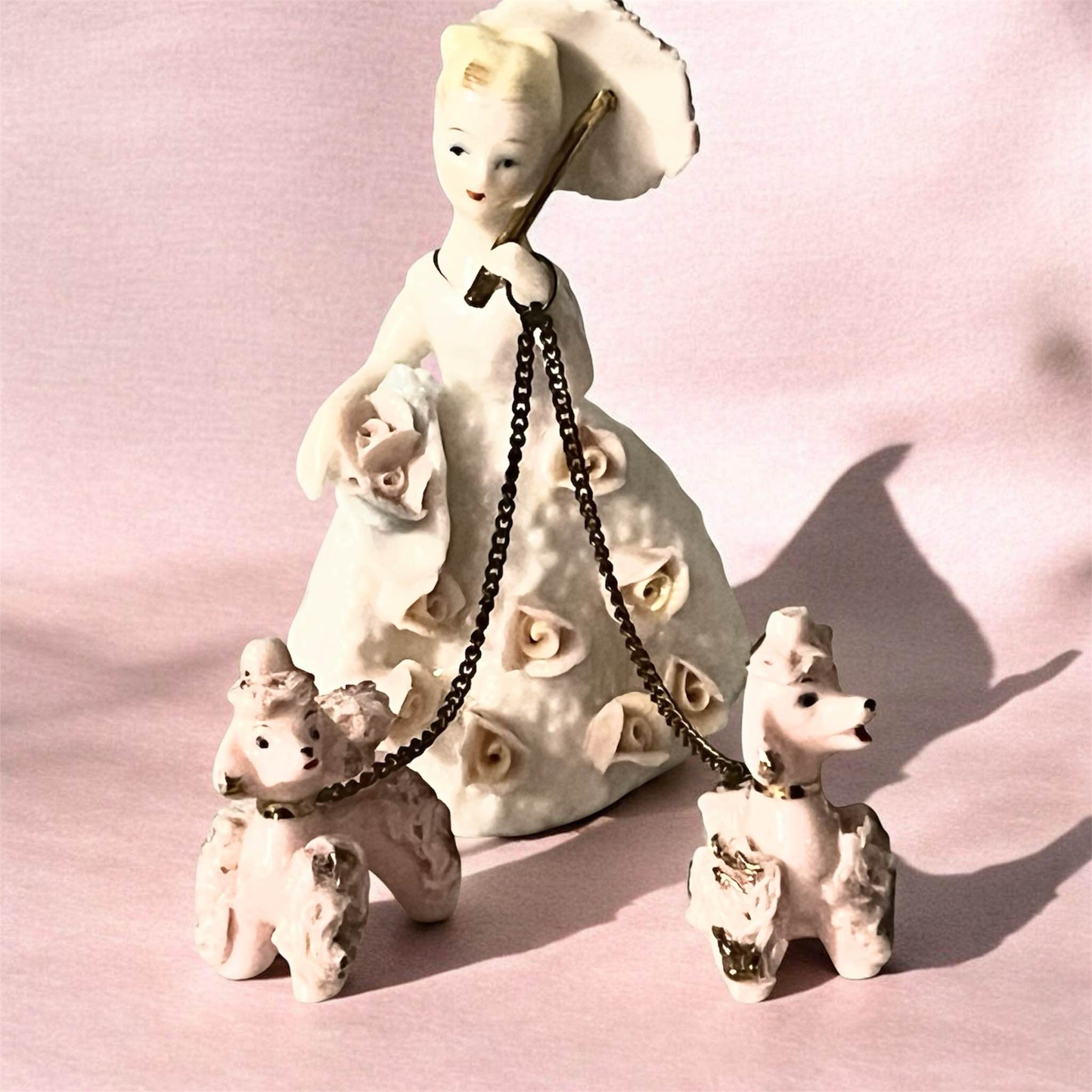 VTG Southern Belle Girl w/ 2 Pink White Poodles Parasol Chains