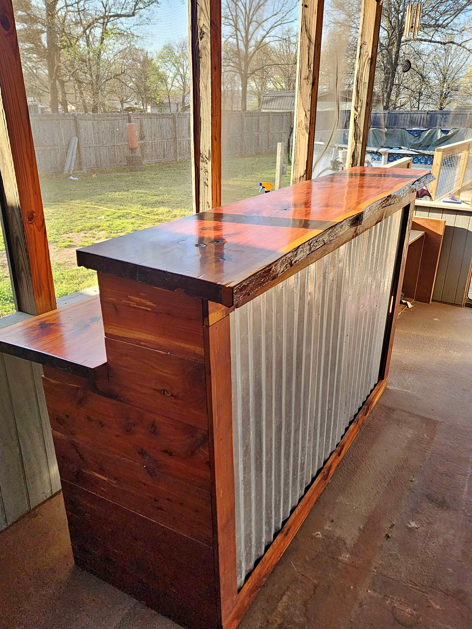 Cedar Bar with a live edge top and corrugated metal front - Outdoor ...