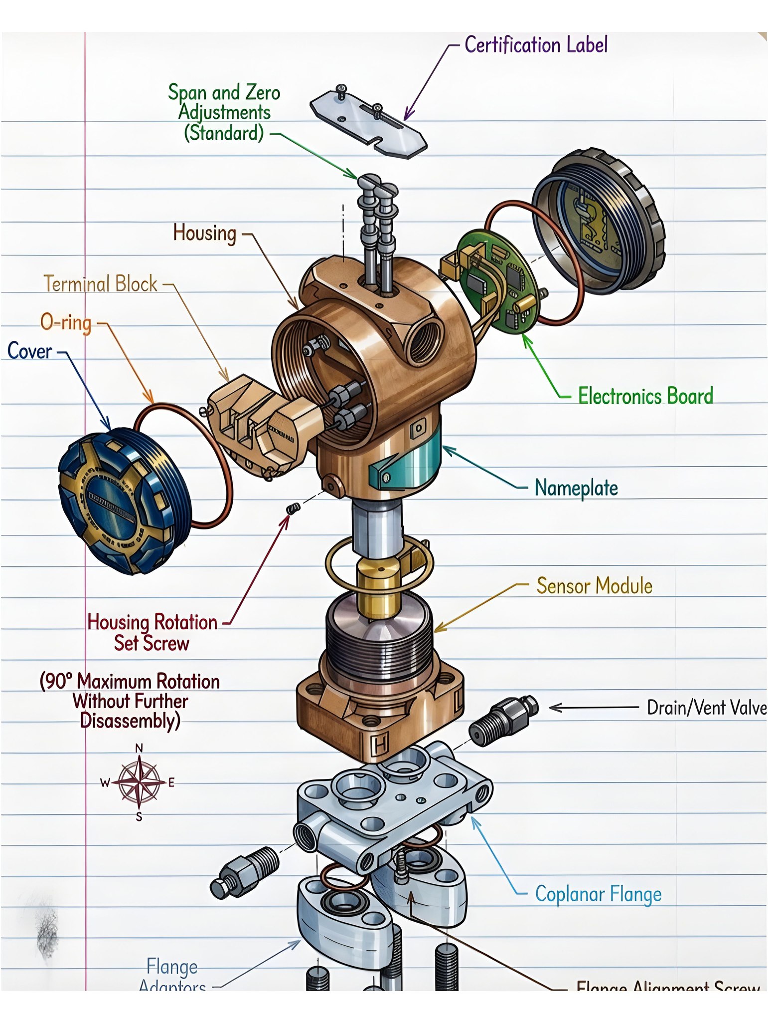 Coplanar pressure transmitter assembly components