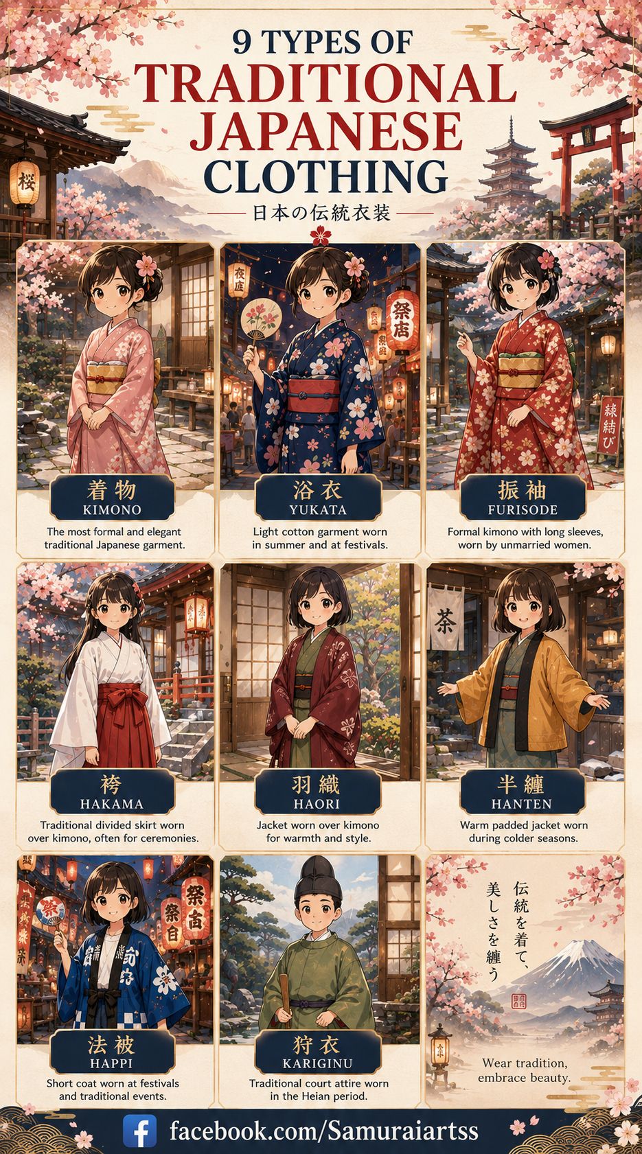 9 TYPES OF TRADITIONAL JAPANESE CLOTHING Discover the beauty and elegance of Japan's rich cultural heritage through its traditional clothing. Each garment reflects centuries of history, craftsmanship