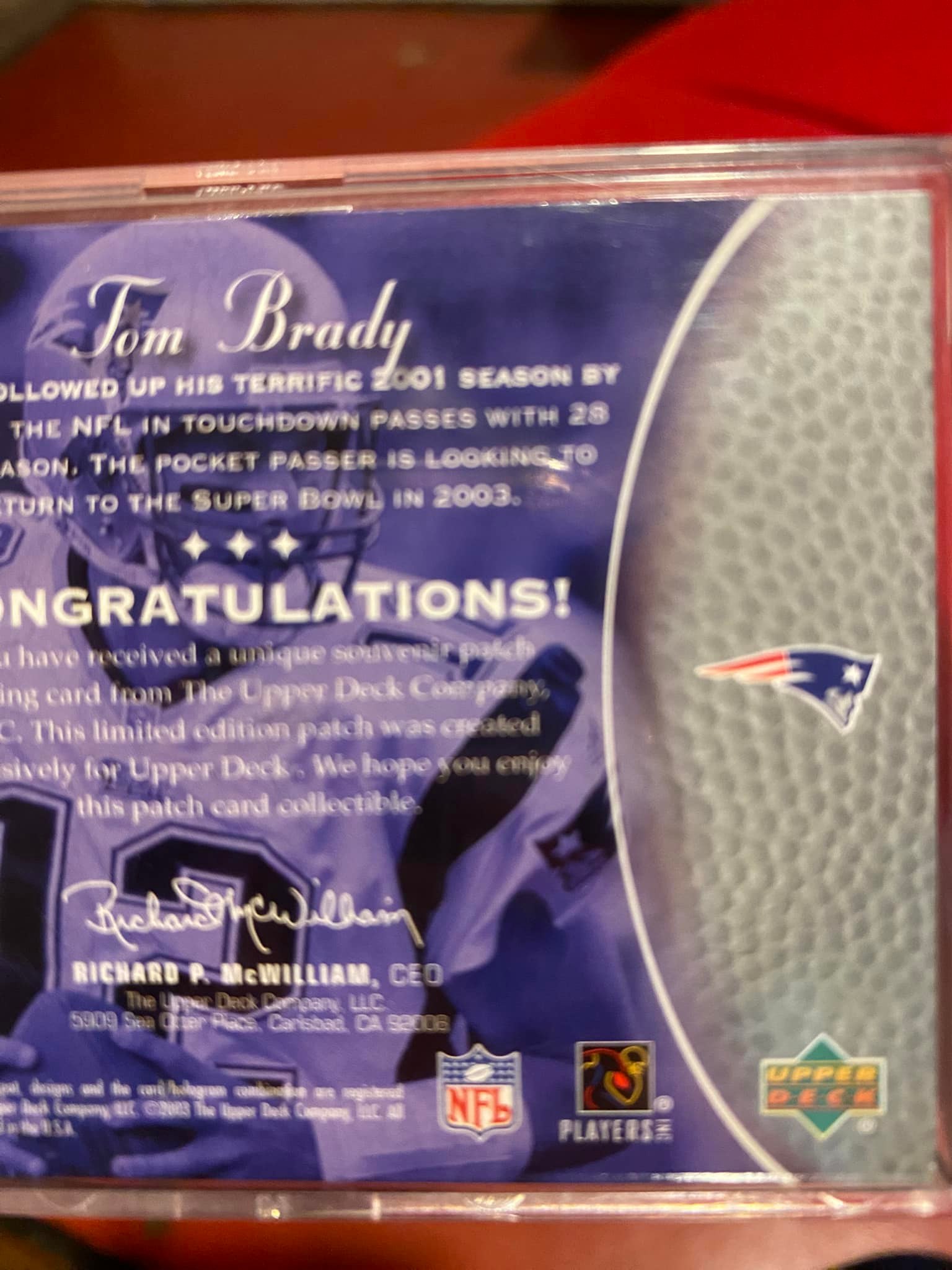 2003 TOM BRADY JERSEY Sweet Spot Classic #P-TB Card PATRIOTS TEAM 