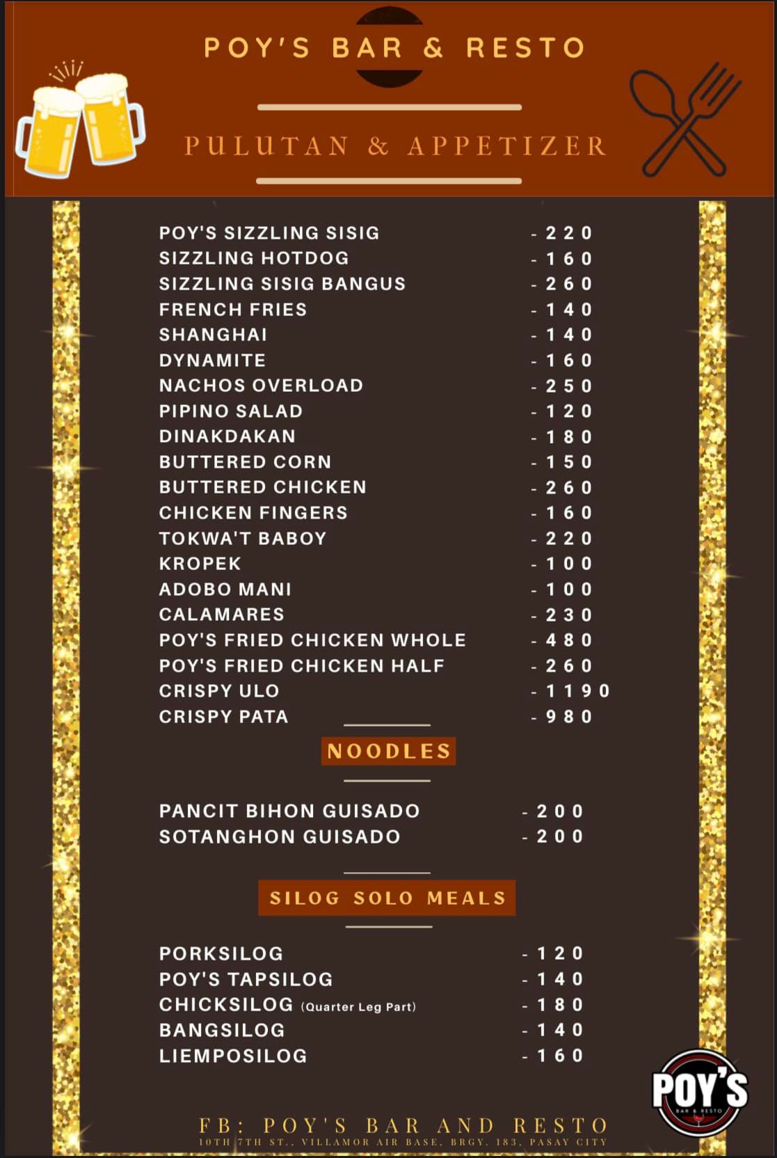 Menu as of October 2024 - Poy's Bar and Resto