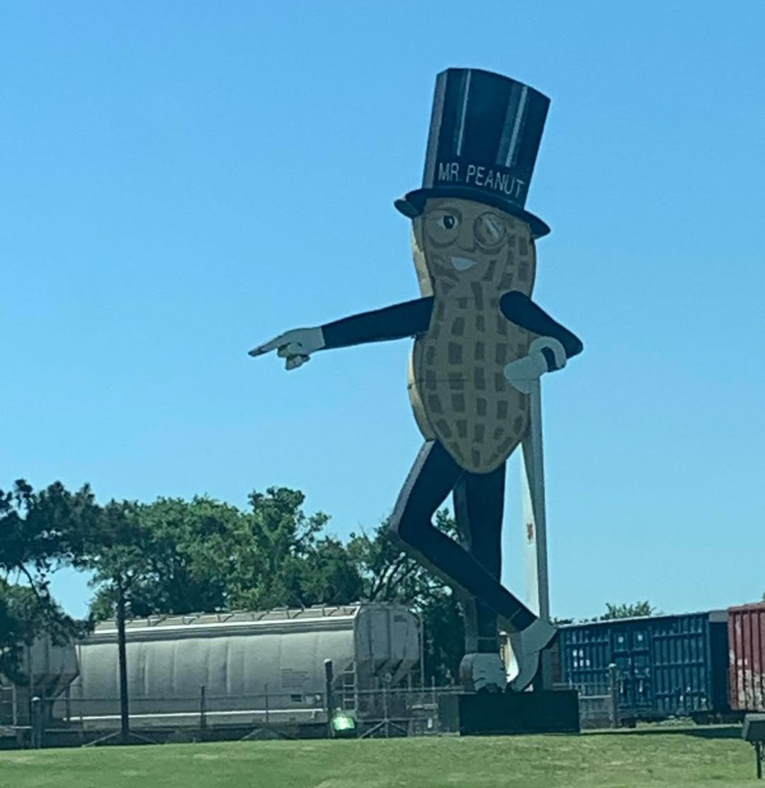 The world's largest Mister Peanut statue, 30 feet tall, stands in