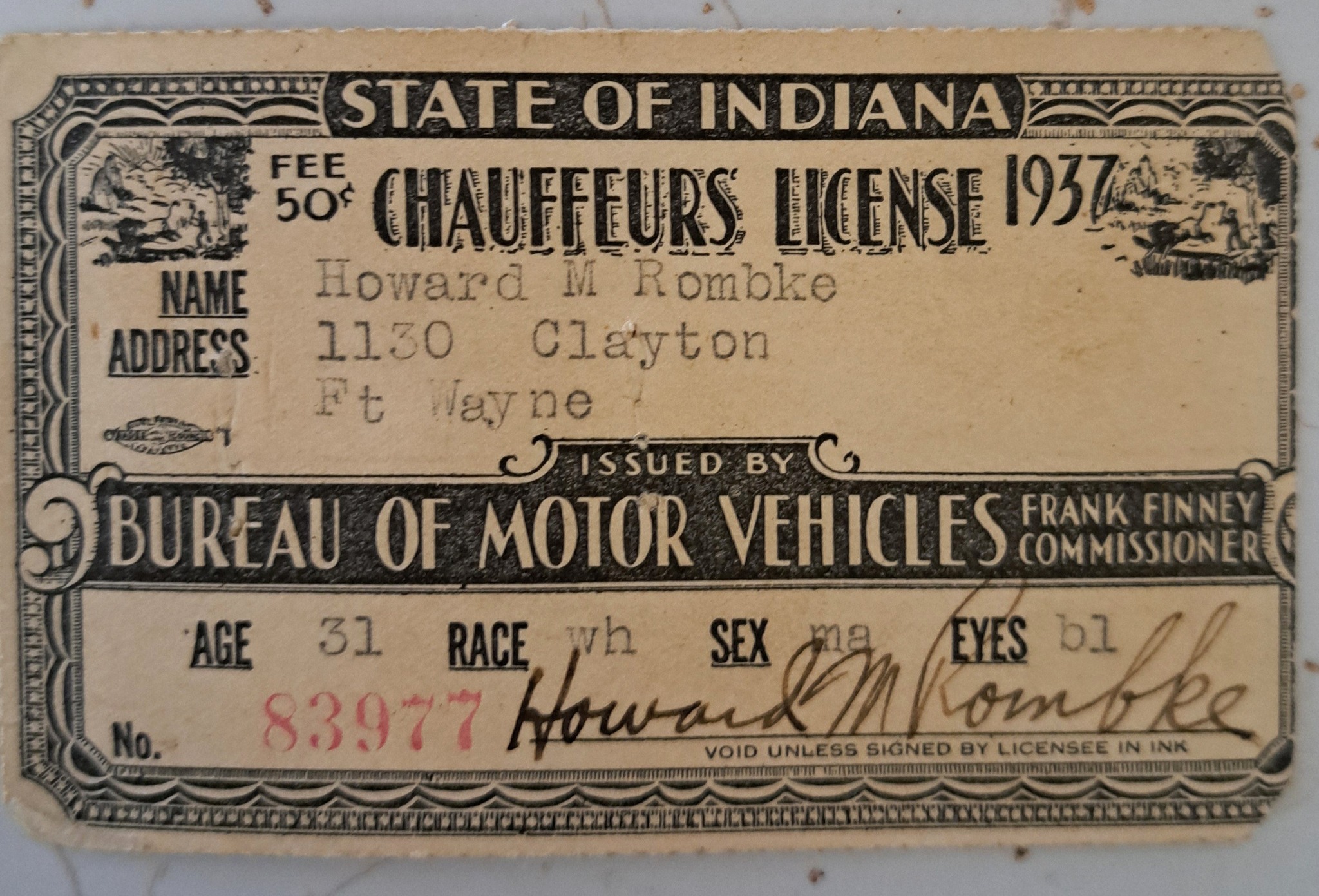 True Fort Wayne Indiana History | My Grandpa's license with photo ...
