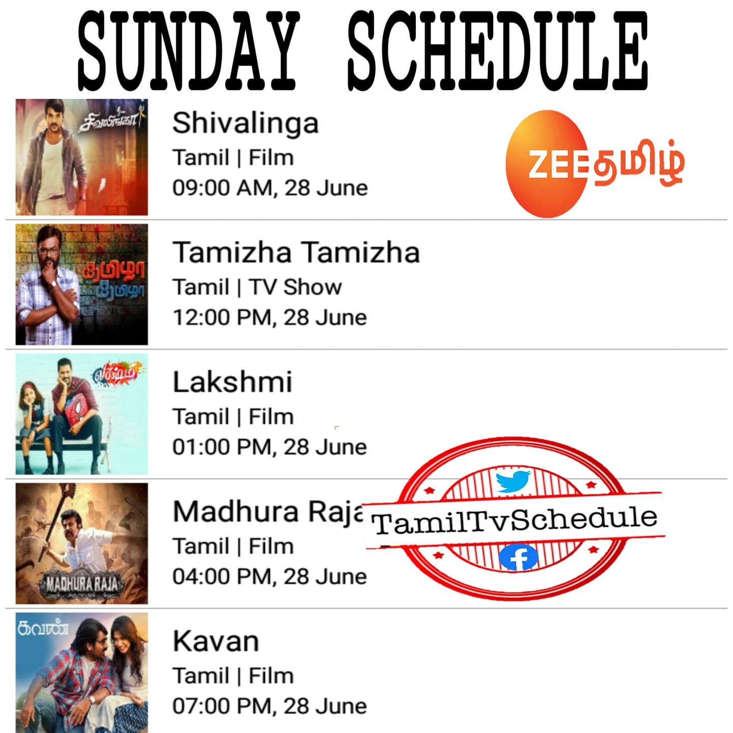 Zeetamil Sunday Movies Schedule Tamil Tv Schedule Facebook