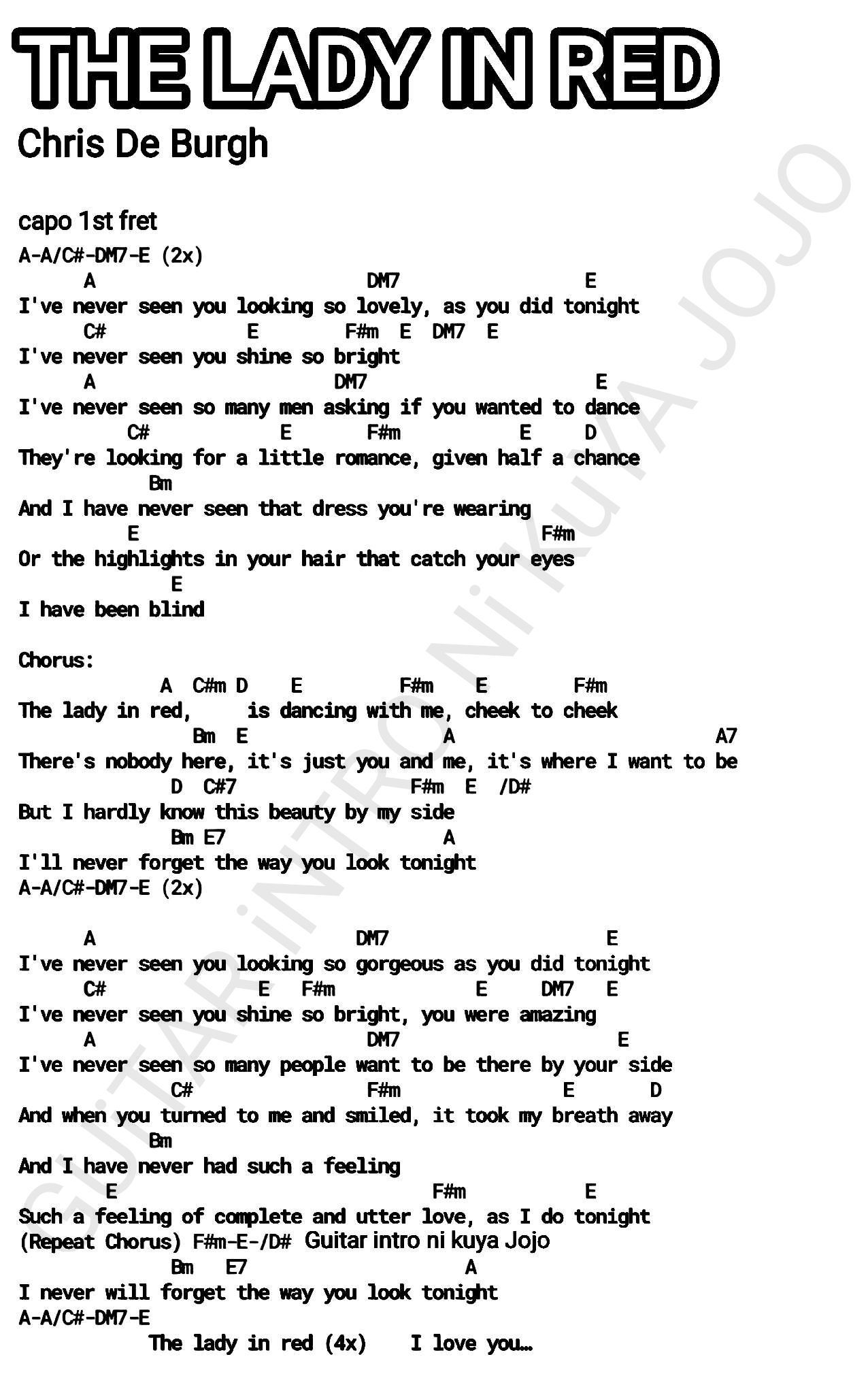 lady in the red dress lyrics Guitar - Chris De Burgh seaside