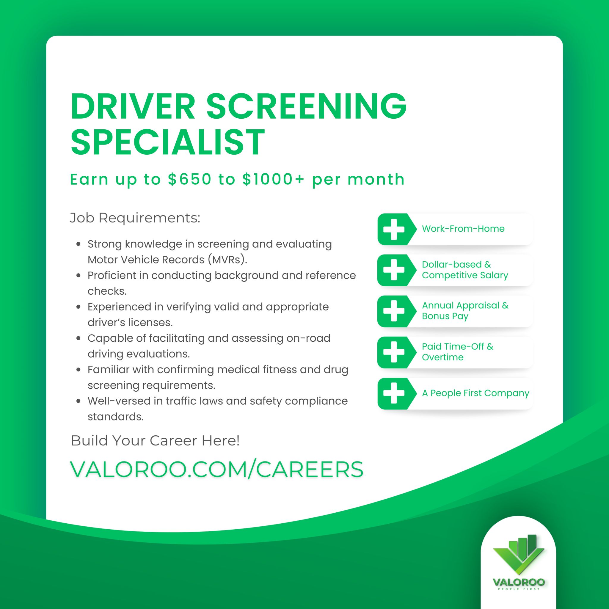 Valoroo - We're Hiring! Position: Driver Screening Specialist If you ...