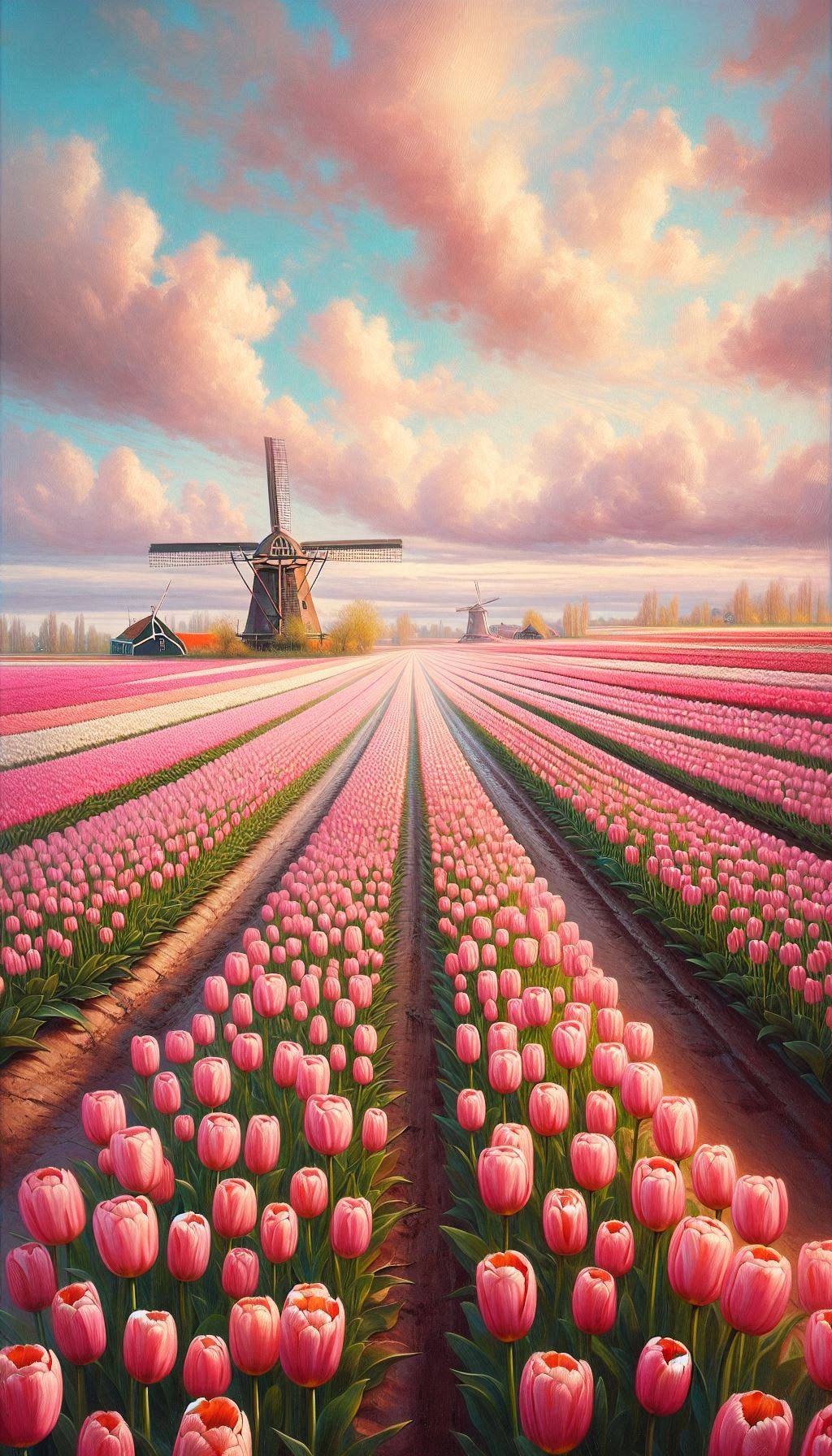 A vast tulip field in full bloom with rows of pink tulips