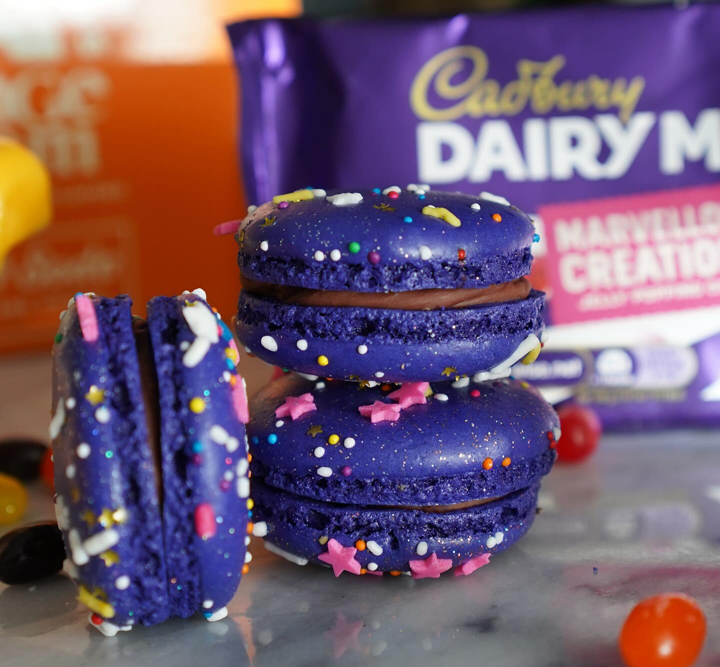 Lady Yum's Cadbury-inspired macaron with chocolate ganache and