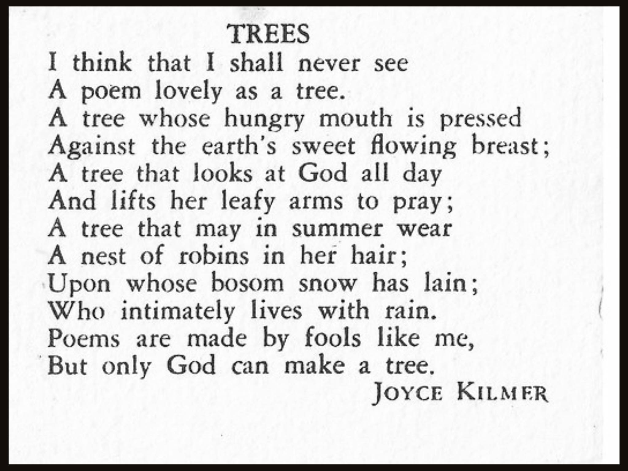 English - Poems are made by fools like me, But only God can make a tree ...
