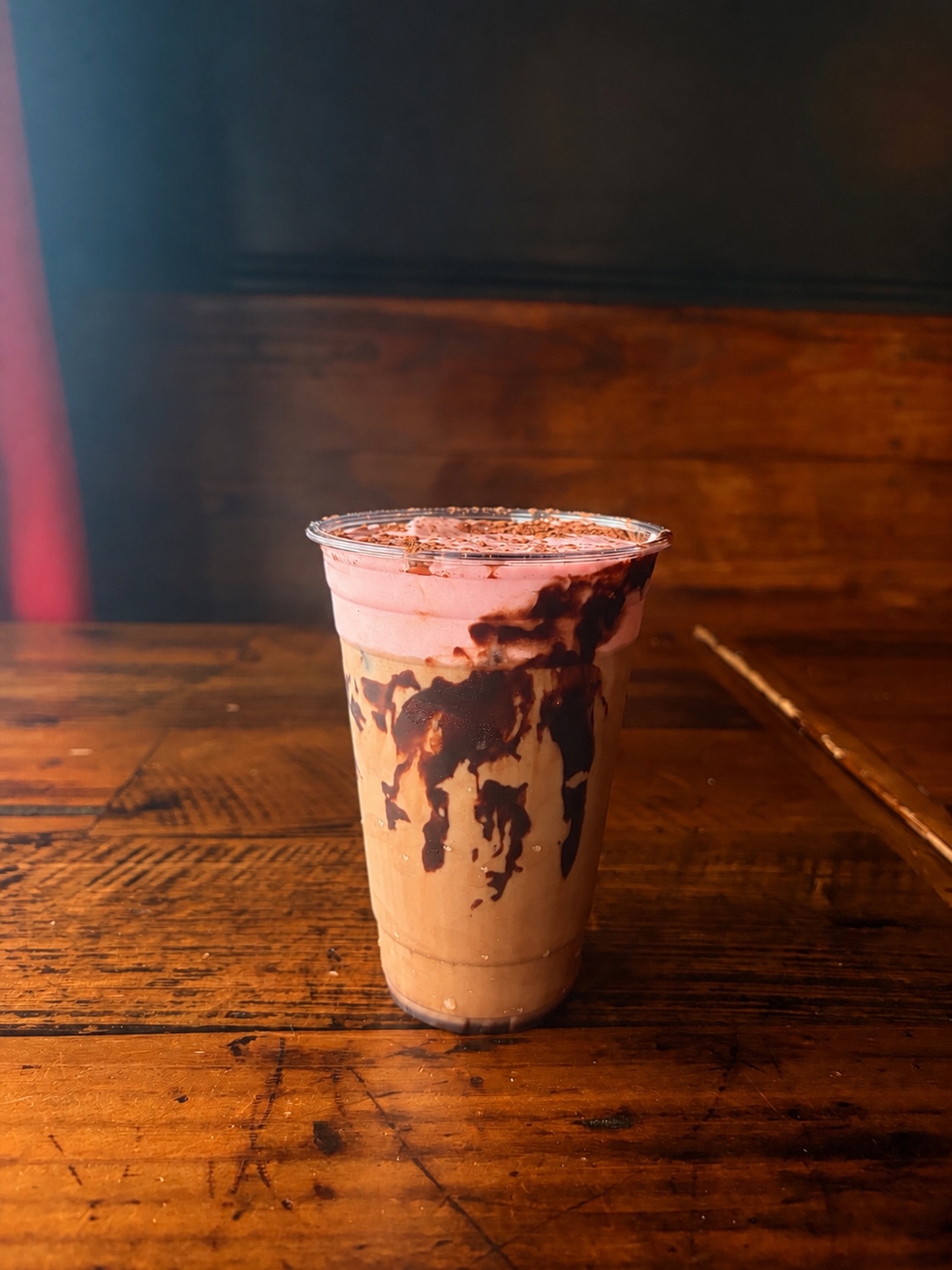 Dark chocolate mocha topped with raspberry cold foam! Come try it