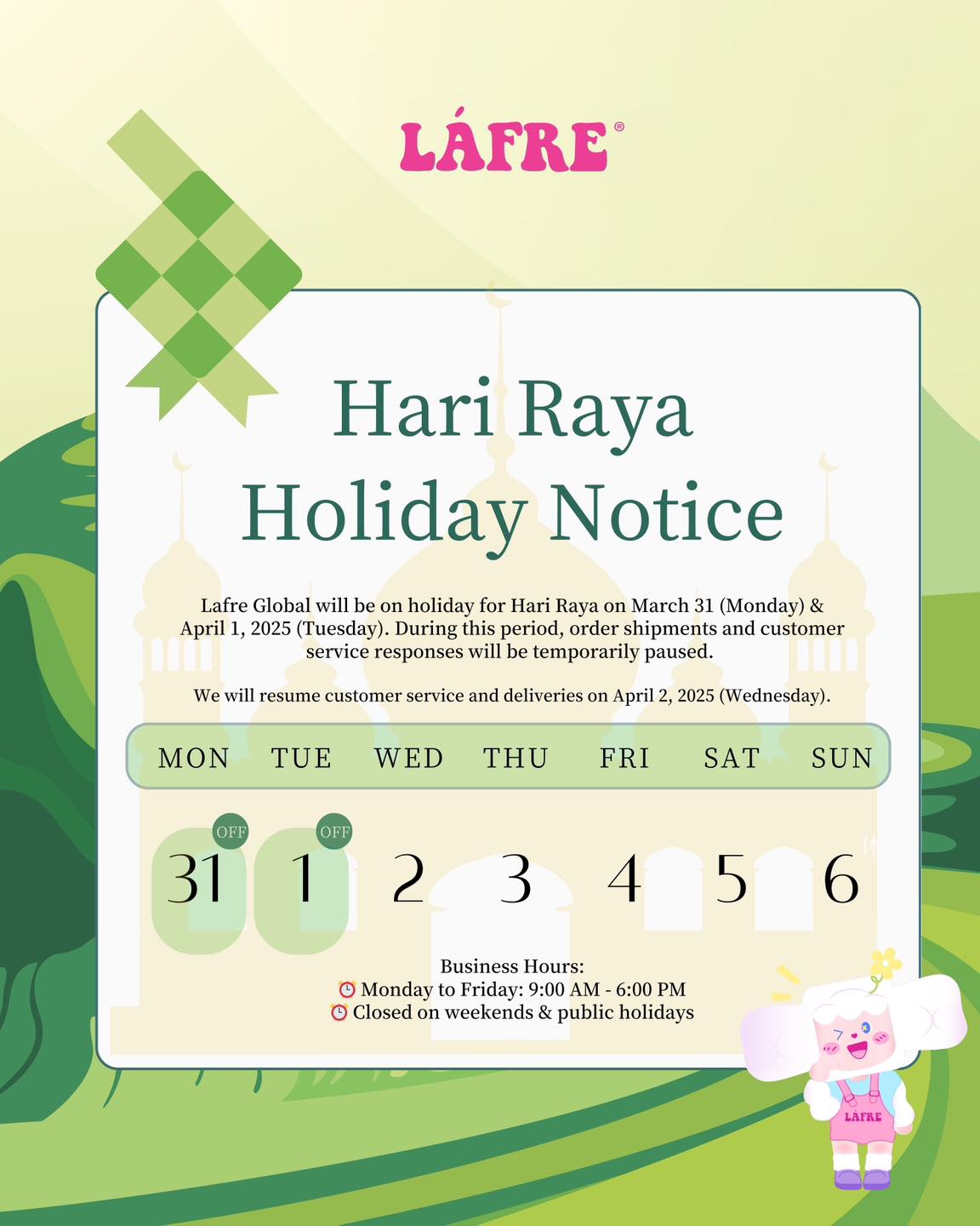 Lafre - 🌙 Hari Raya Holiday Announcement 🌙 Selamat Hari Raya! 🎉 Lafre ...