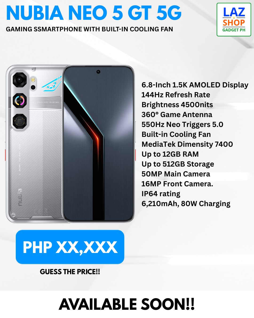 nubia Neo 5 GT Smartphone 5G 6.8'' AMOLED 120Hz, MediaTek Dimensity 7400, RAM 8GB, 256GB, Battery 6210mAh, 50MP Camera, Cooling Fan, Android 16, Black nubia Neo 5 GT Smartphone 5G 6.8'' AMOLED 120Hz, MediaTek Dimensity 7400, RAM 8GB, 256GB, Battery 6210mAh, 50MP Camera, Cooling Fan, Android 16, Black