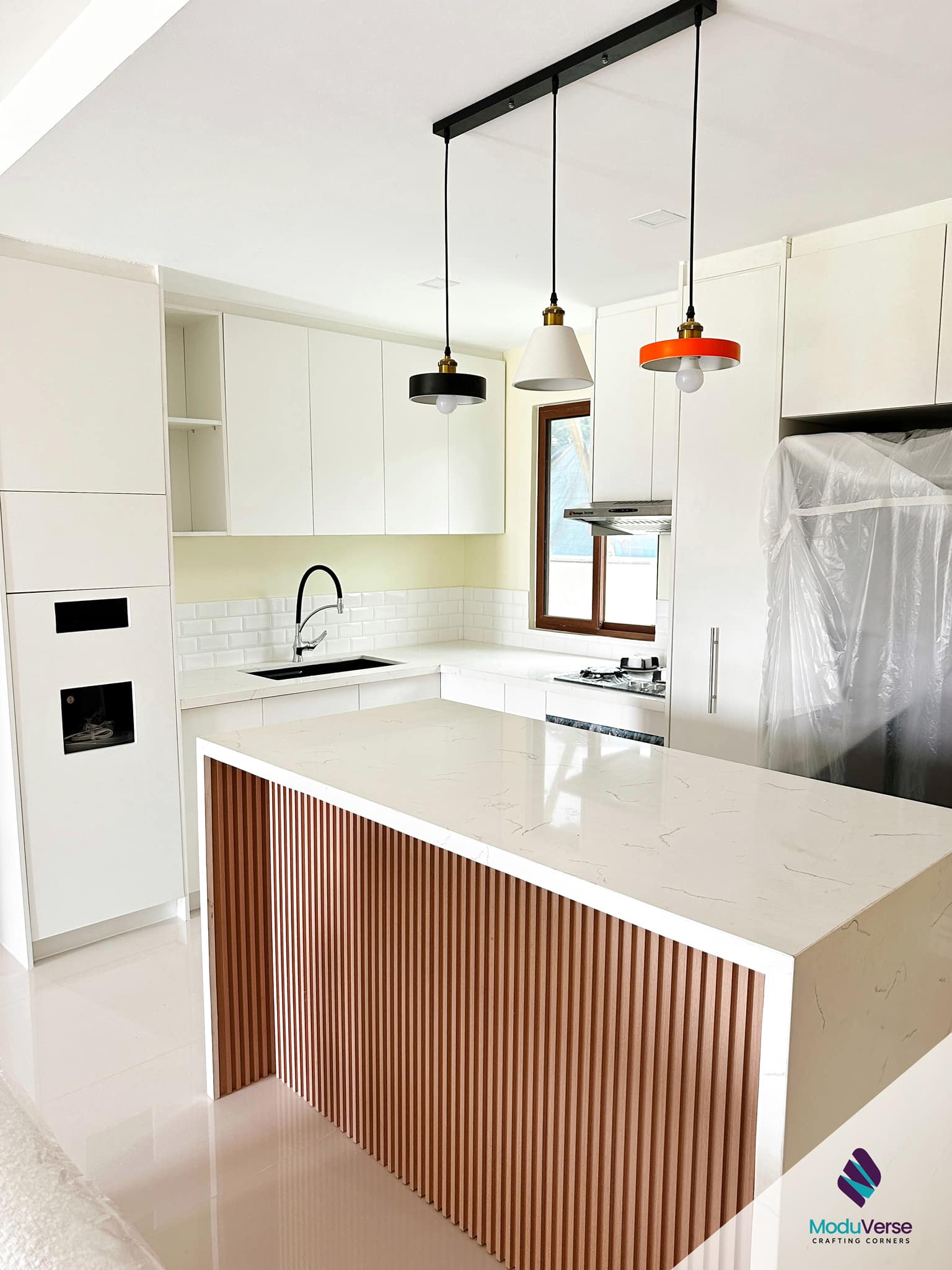 Modu-verse - All White Modular Kitchen with Waterfall...