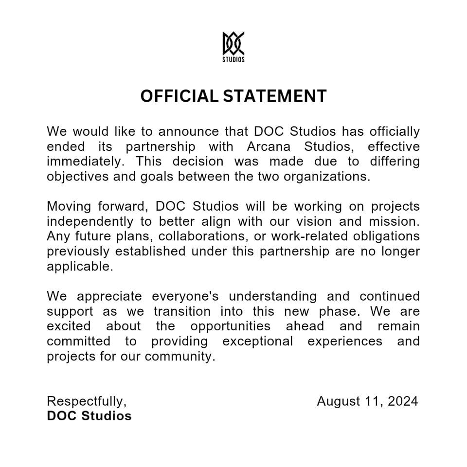 DOC Studios - 📢 [ANNOUNCEMENT] Due to differing...