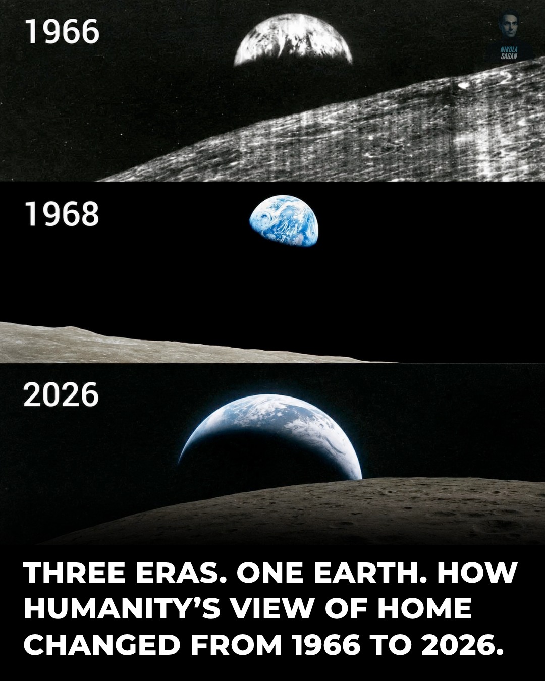 The photos, taken decades apart in 1968 and 2026, show Earth as it