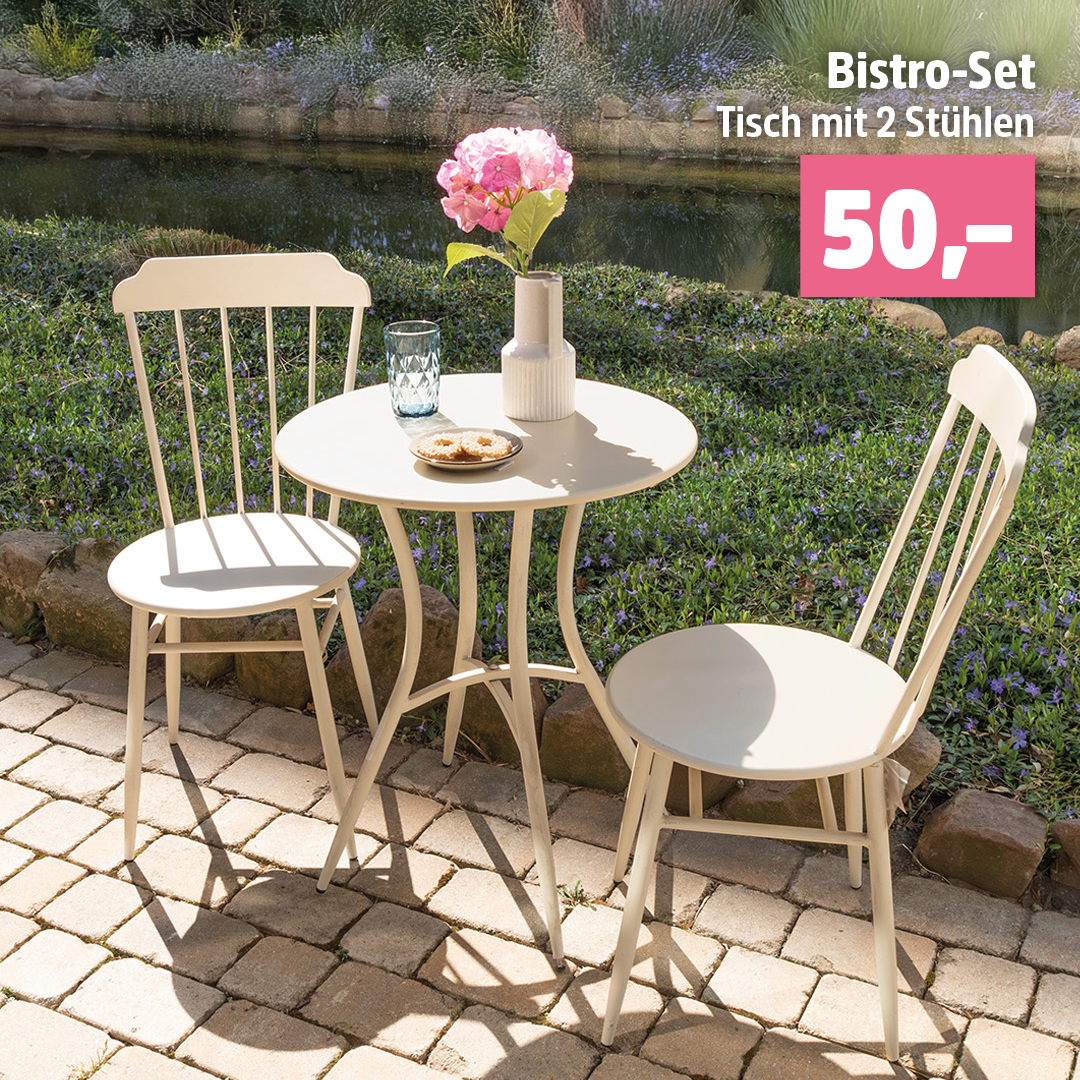 Dieses schöne Bistro-Set, bestehend aus zwei Stühlen und Tisch, bekommt Ihr jetzt für unschlagbare 50€ in unseren Märkten. ☀️😍 Tisch und Stuhl könnt Ihr natürlich auch einzeln erwerben, beides gibt's