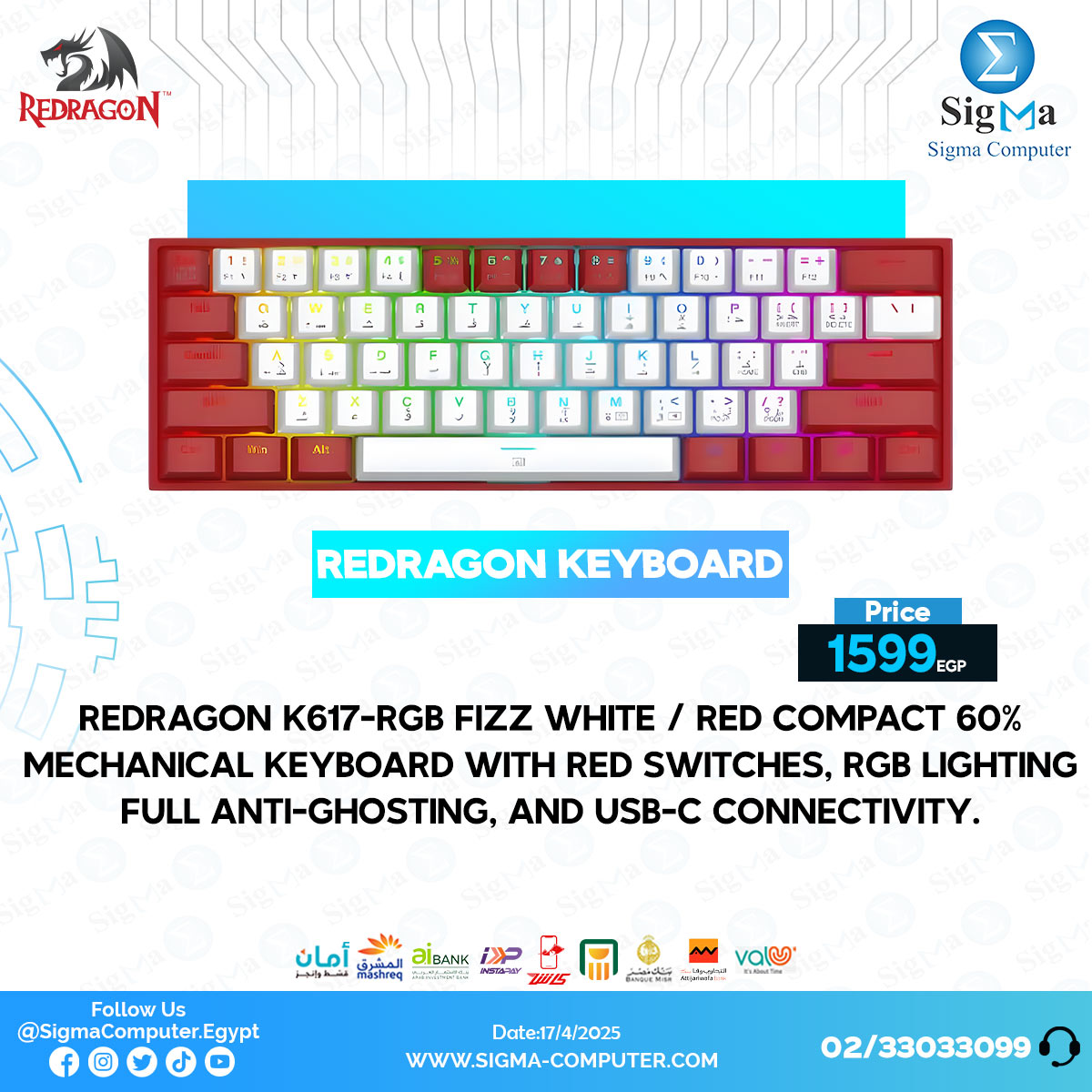 Sigma - Redragon K617-RGB Fizz White Red compact 60 mechanical keyboard ...