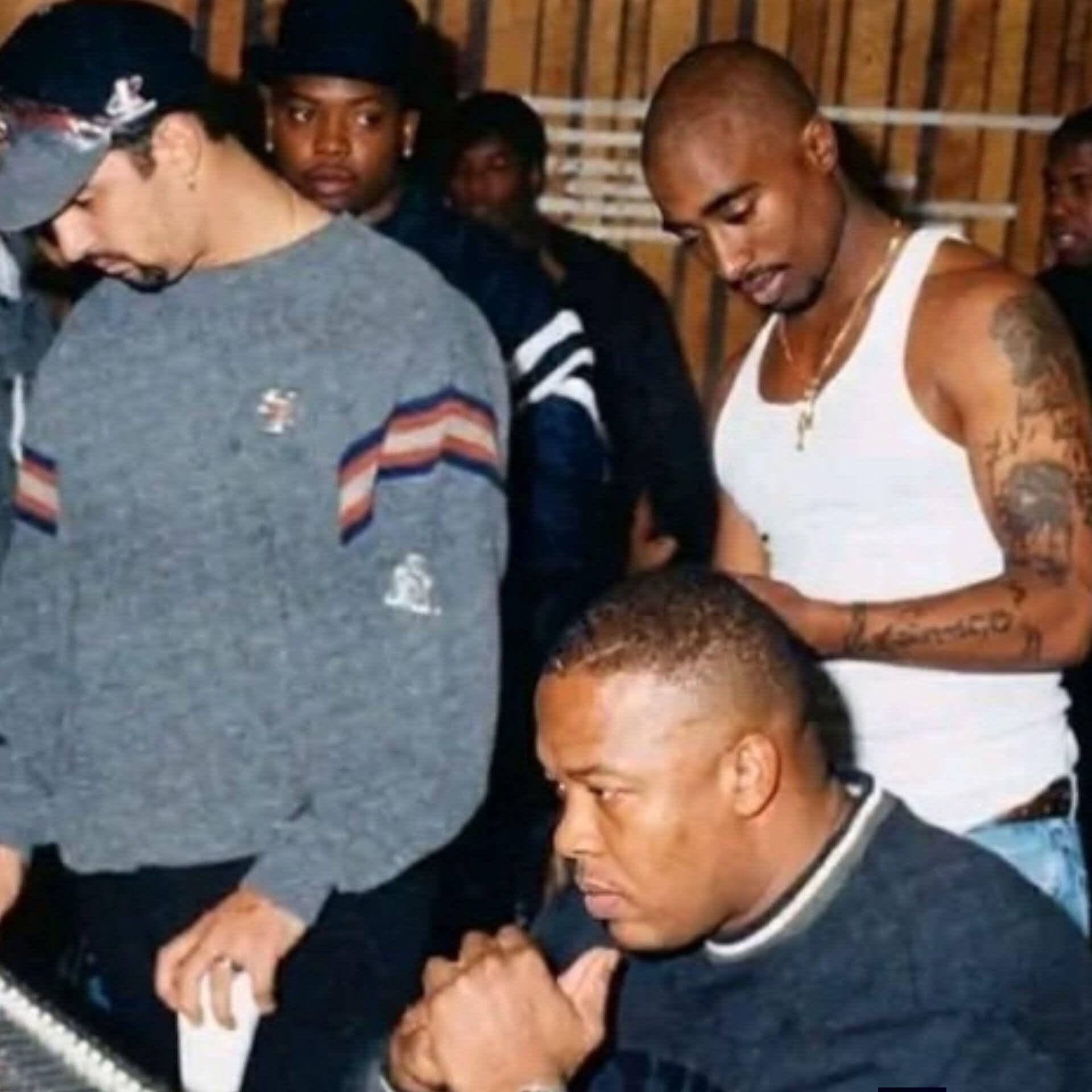 2Pac and Dr. Dre in the studio at Can-Am Studios during Death Row