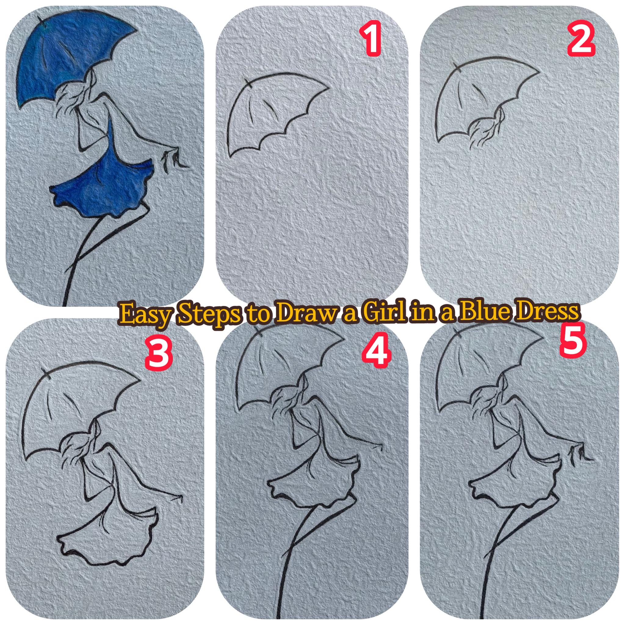 Easy Steps to Draw a Girl in a Blue Dress with Simple Lines