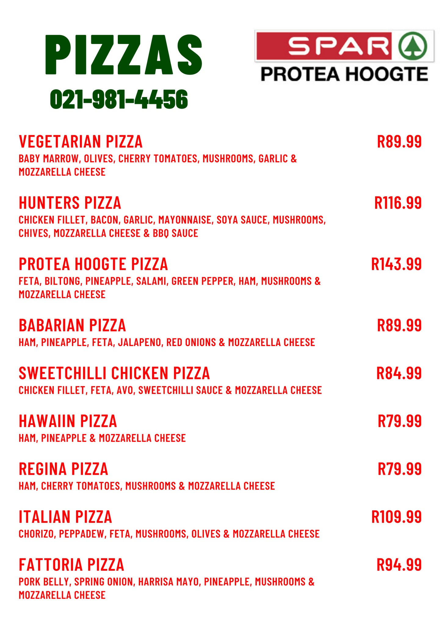 Our Takeaway Menu here at Protea... - My SPAR Protea Hoogte | Facebook