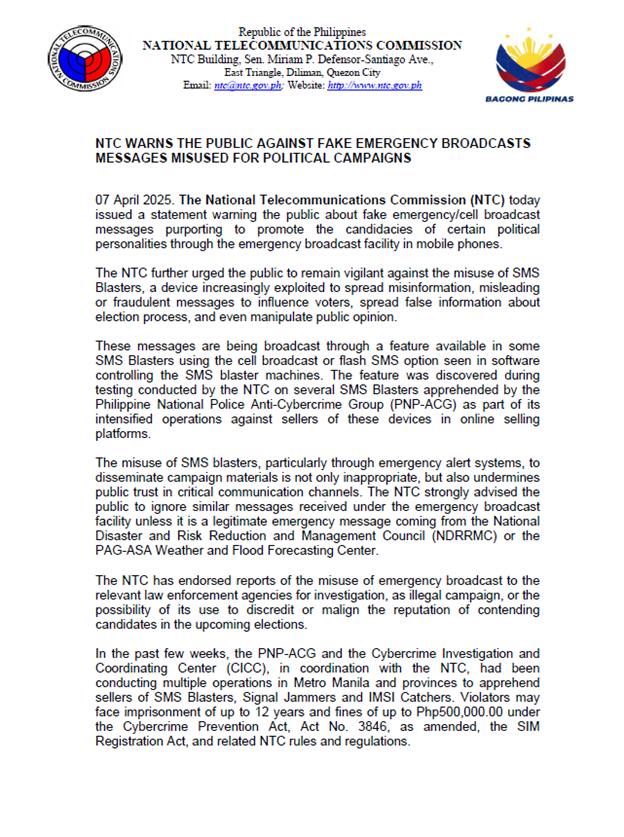 🚨 NTC ALERT: Beware of Fake Emergency Broadcast Messages! The National ...