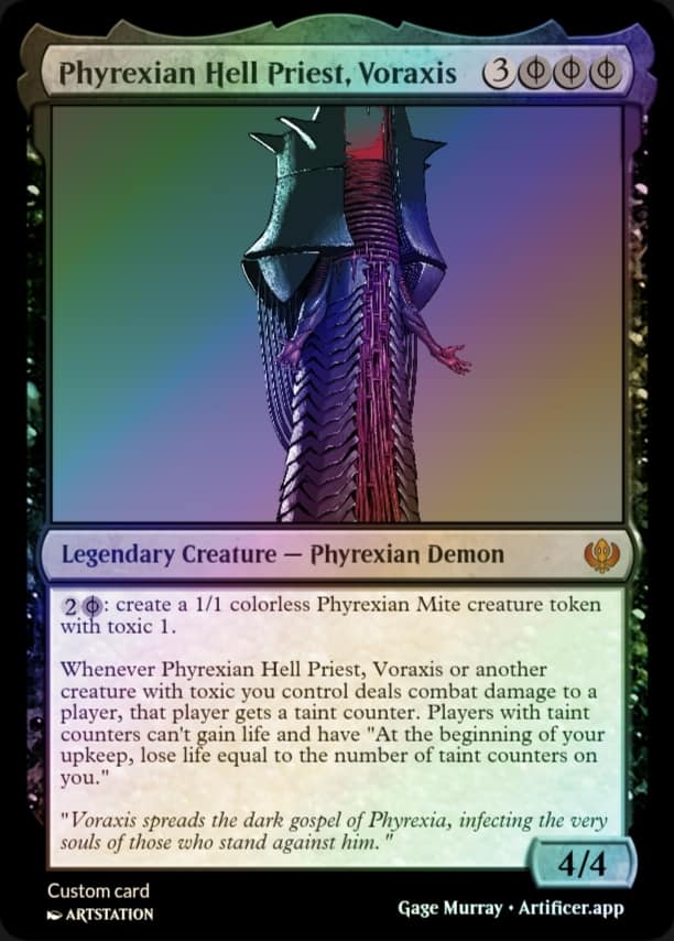 mtg cards in phyrexian Horror Red ((u/p) can be paid with either U or 2 life.) You may have Phyrexian Metamorph enter the battlefield as a copy of any artifact or creature on the battlefield MTG Head Designer: Phyrexian Language