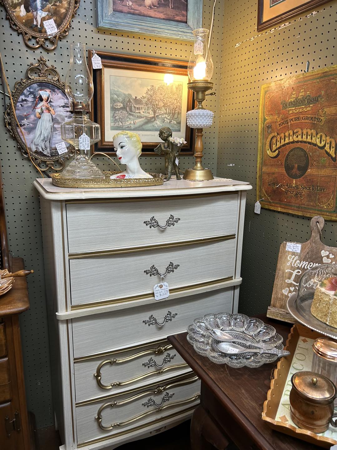 antique white dresser with gold trim Do you like the on this French provincial or you would paint it in another color? Bedroom furniture