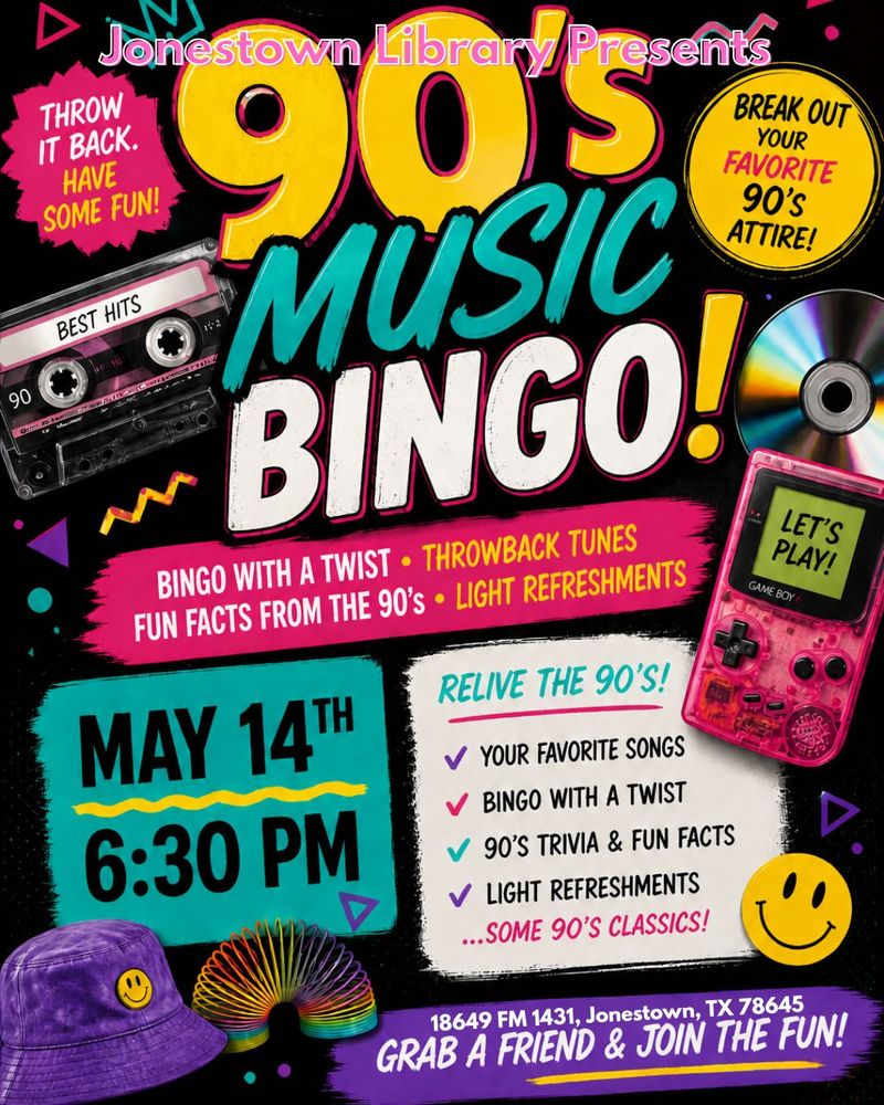 90's music bingo at Jonestown Library on May 14th