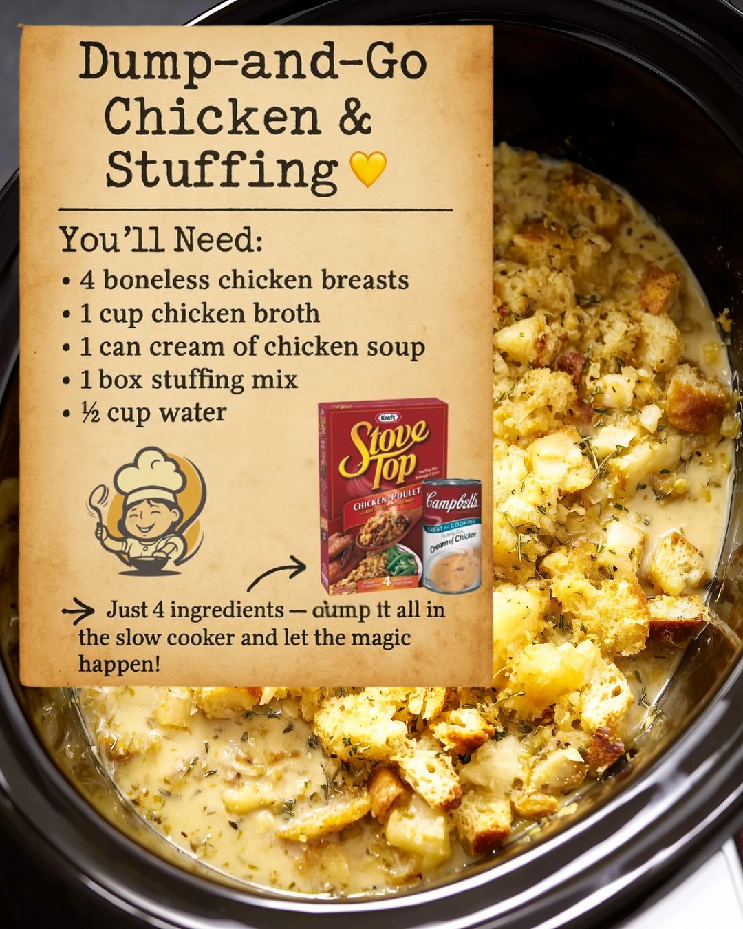 Some nights you just need dinner to take care of itself. Add the chicken breasts to the slow cooker and pour the broth on top. Mix the cream of chicken soup, stuffing