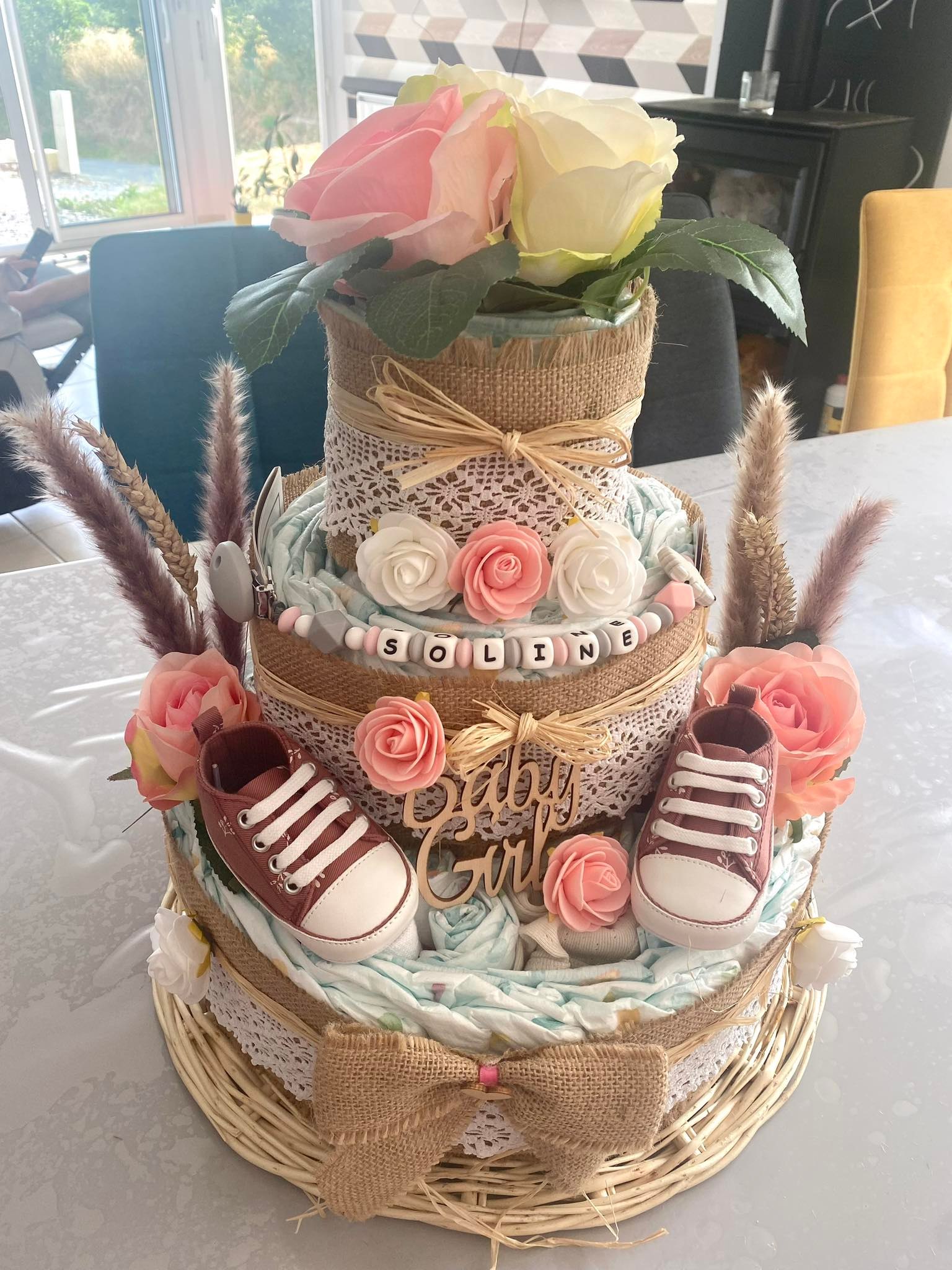 Gâteau de couches TOUT JUTE | pour la naissance (3 étages, prune