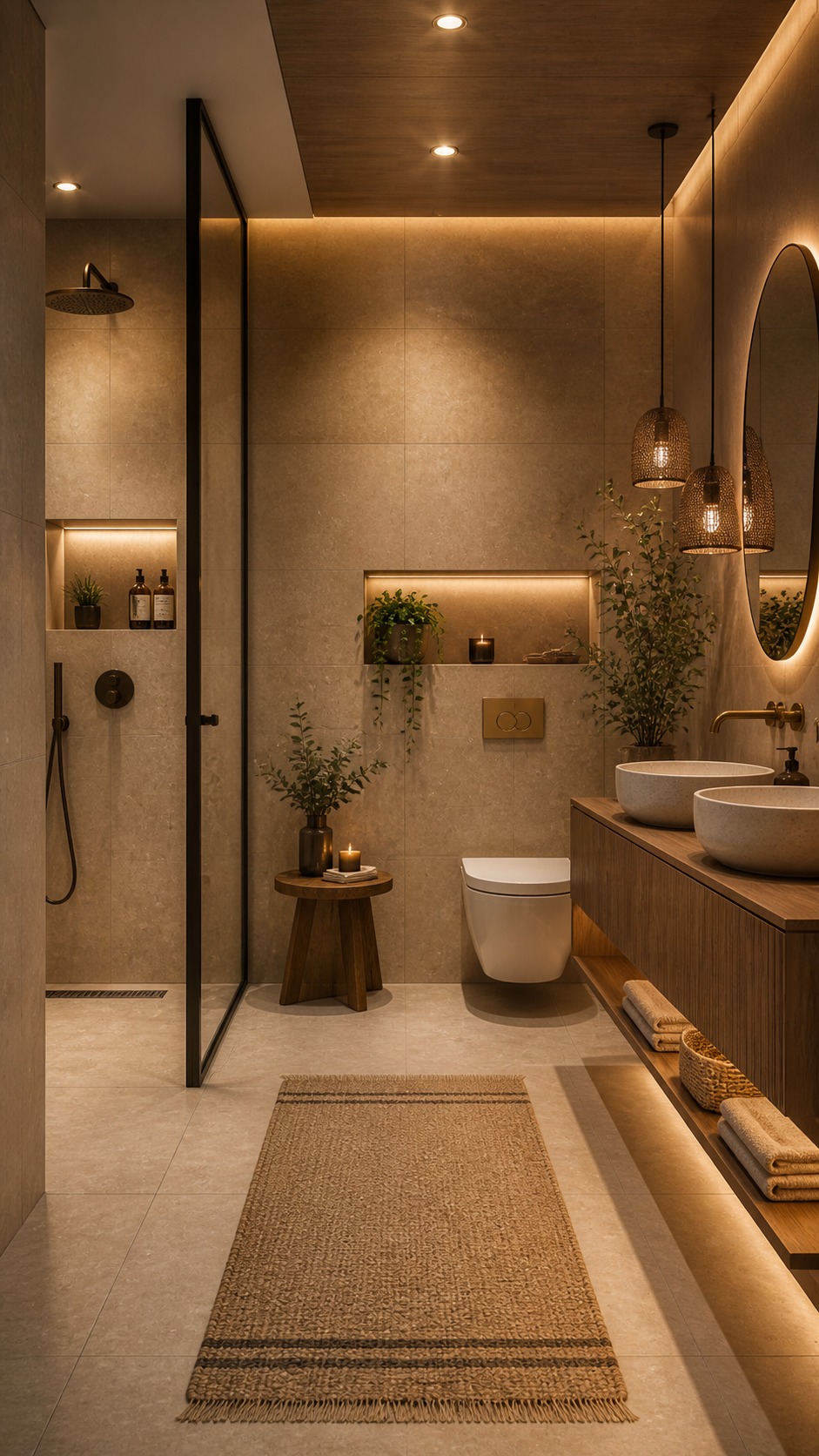 A warm modern bathroom with beige tiles, wooden vanity, soft lighting, a glass shower, and stylish decor accents