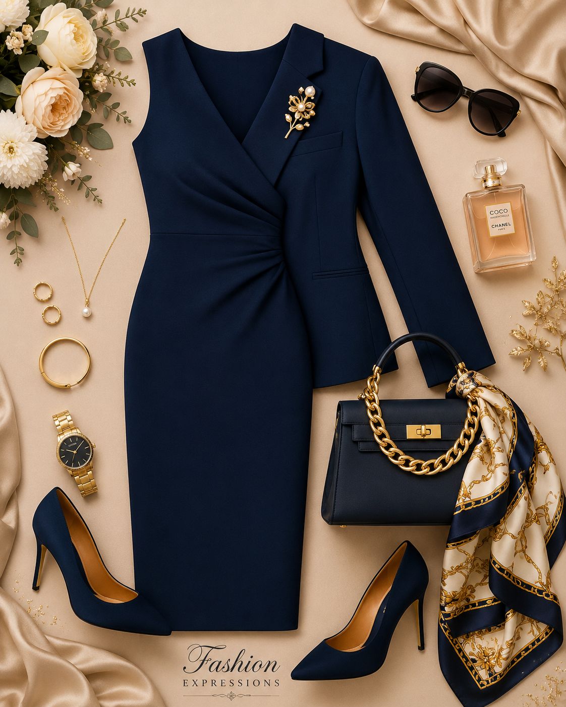 Navy blue and gold—a timeless combination that never goes out of style. 💙✨ Sophisticated, elegant, and effortlessly chic, this look proves that simplicity paired with the right accessories creates a statement all