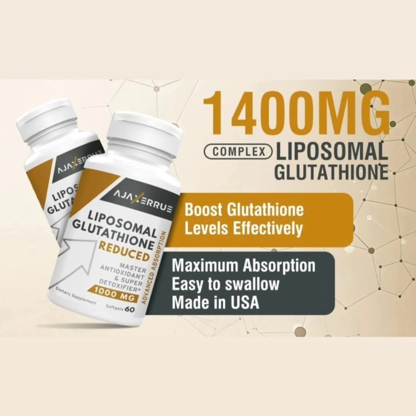 Ajaxerrue Liposomal Glutathione REDUCED 1000mg + Vit C & Hyaluronic acid Made in USA 🇺🇸 Isi 60 Capsules Fungsi Glutathione didalam tubuh manusia adalah sebagai antioksidan yang kuat yang mampu melindungi tubuh