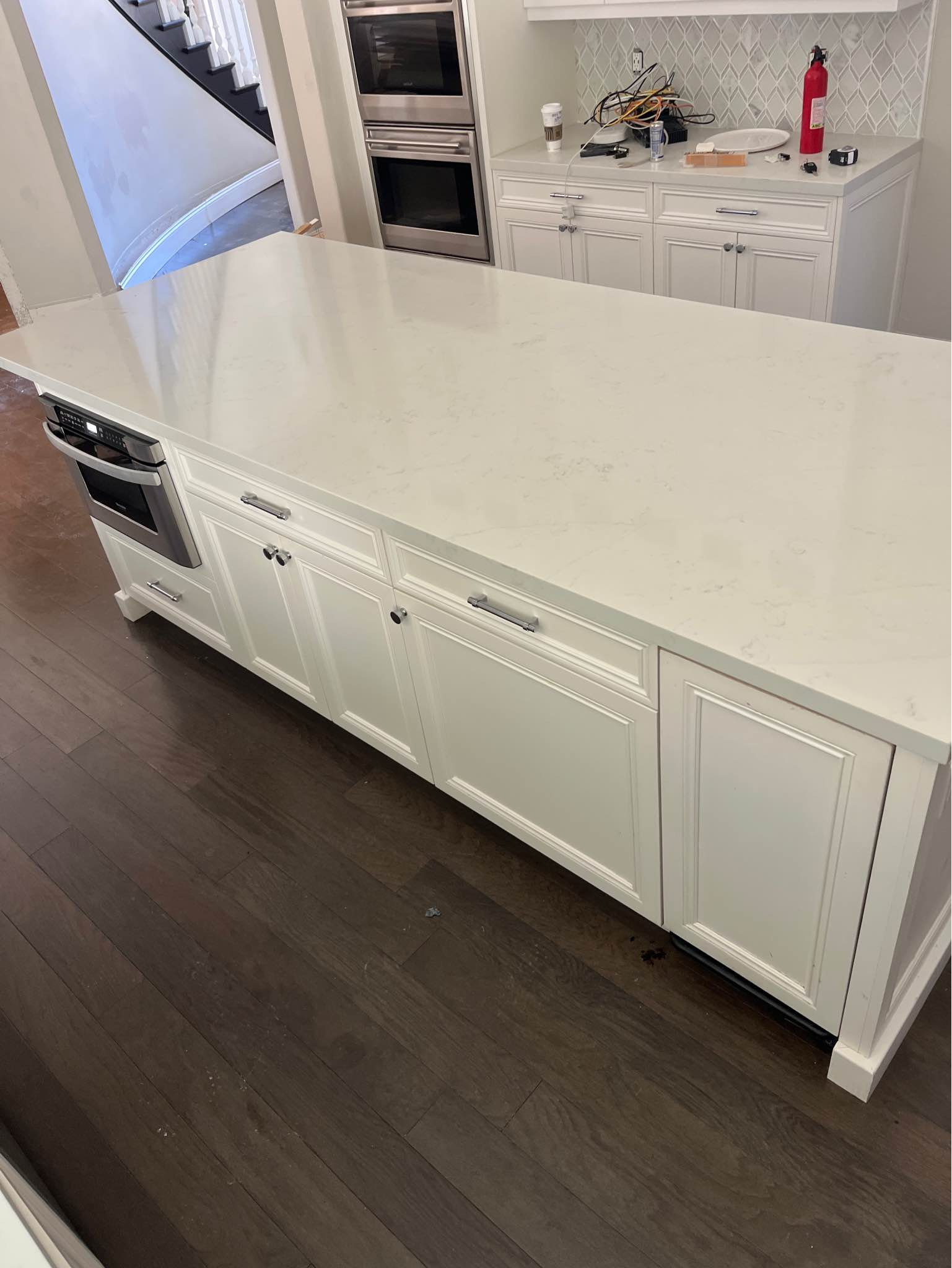 Large 10ft Kitchen Island Quartz Countertop White Cabinets - Kitchen