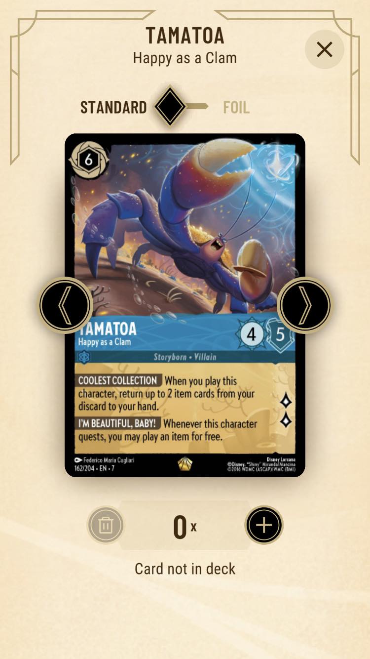 tamatoa lorcana card Tamatoa, Seeker of Shine (foil) (borderless) the opposing players together choose an item or location of theirs and banish it. Trading a Non-Foil Tamatoa in