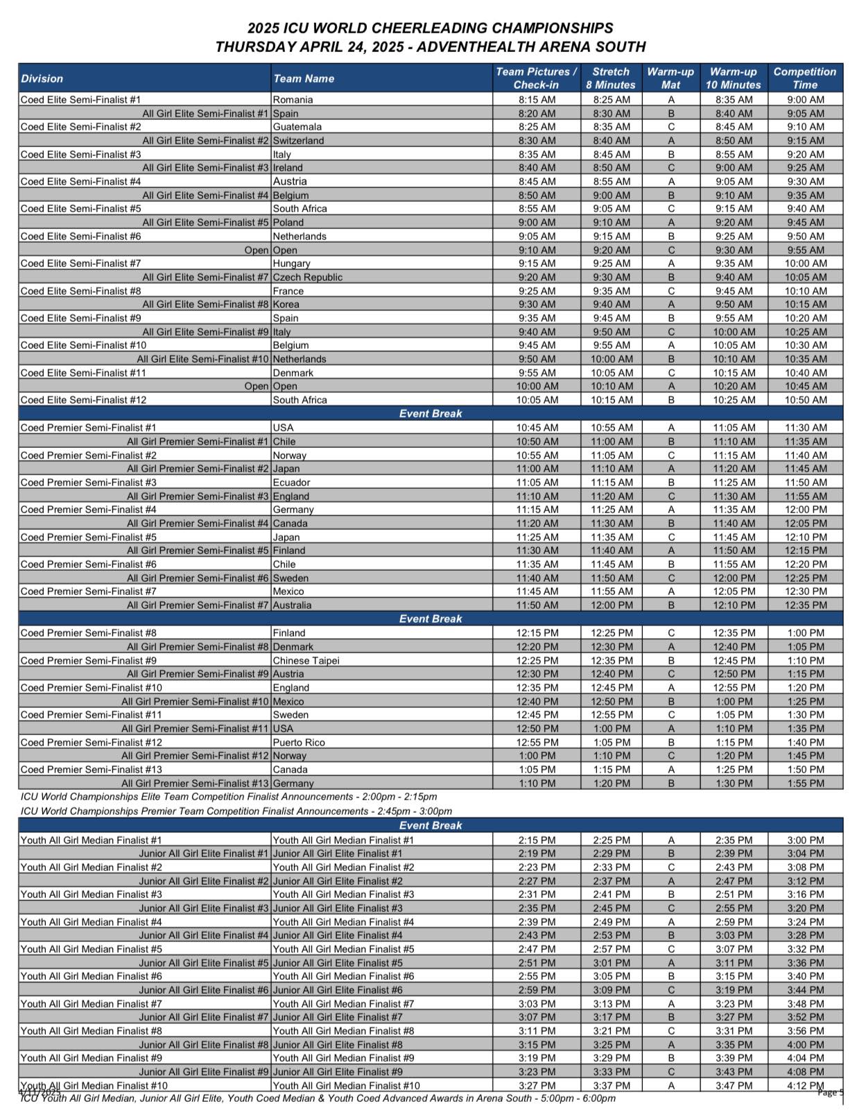Cheer - ICU Cheerleading Worlds Performance Order is out! Wednesday ...